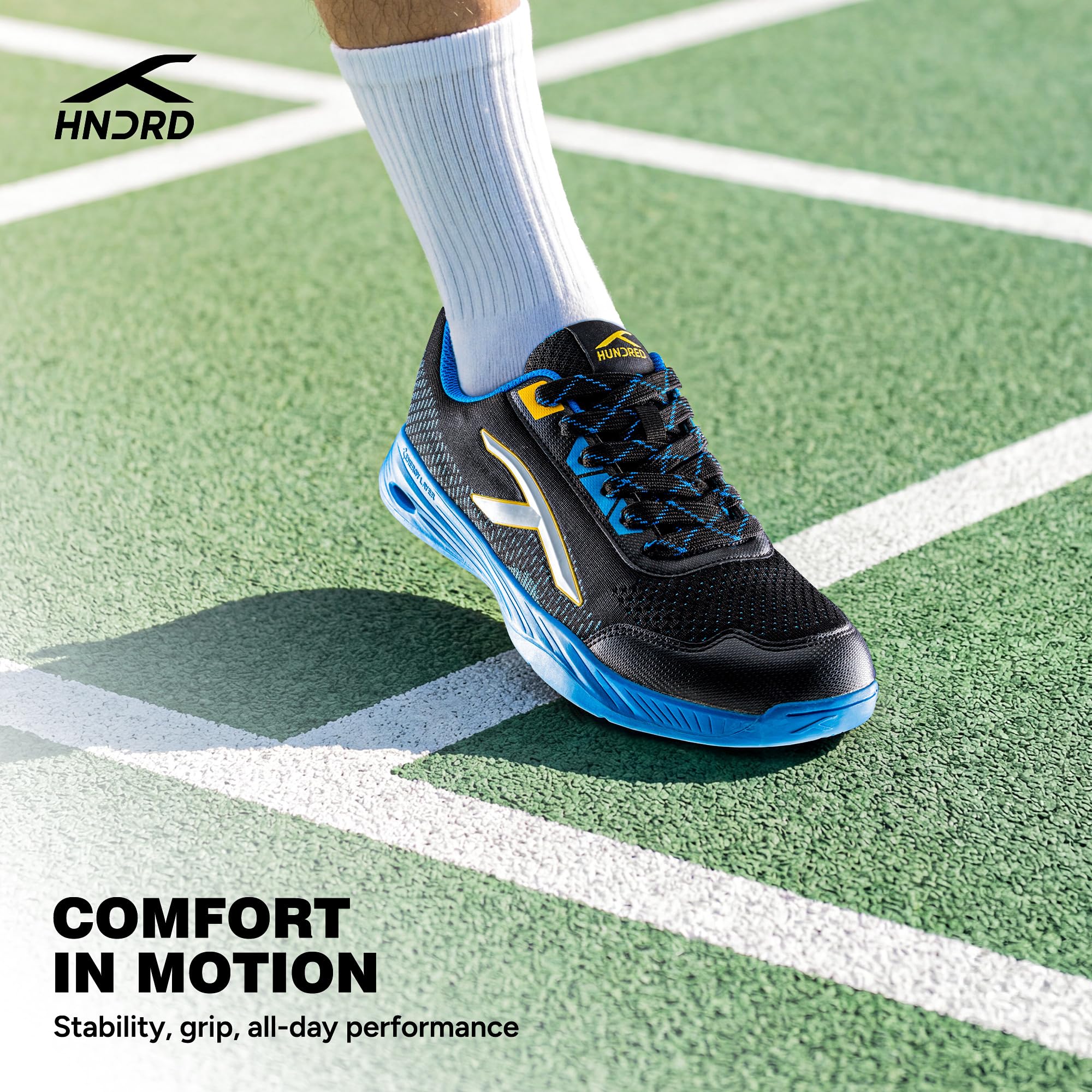 Hundred Court Flyer Non-Marking Badminton Shoes | Indoor Court Shoes for Badminton & Indoor Sports | Lightweight, Breathable, Cushioned, Durable & Comfortable - Black/Blue/Yellow 4