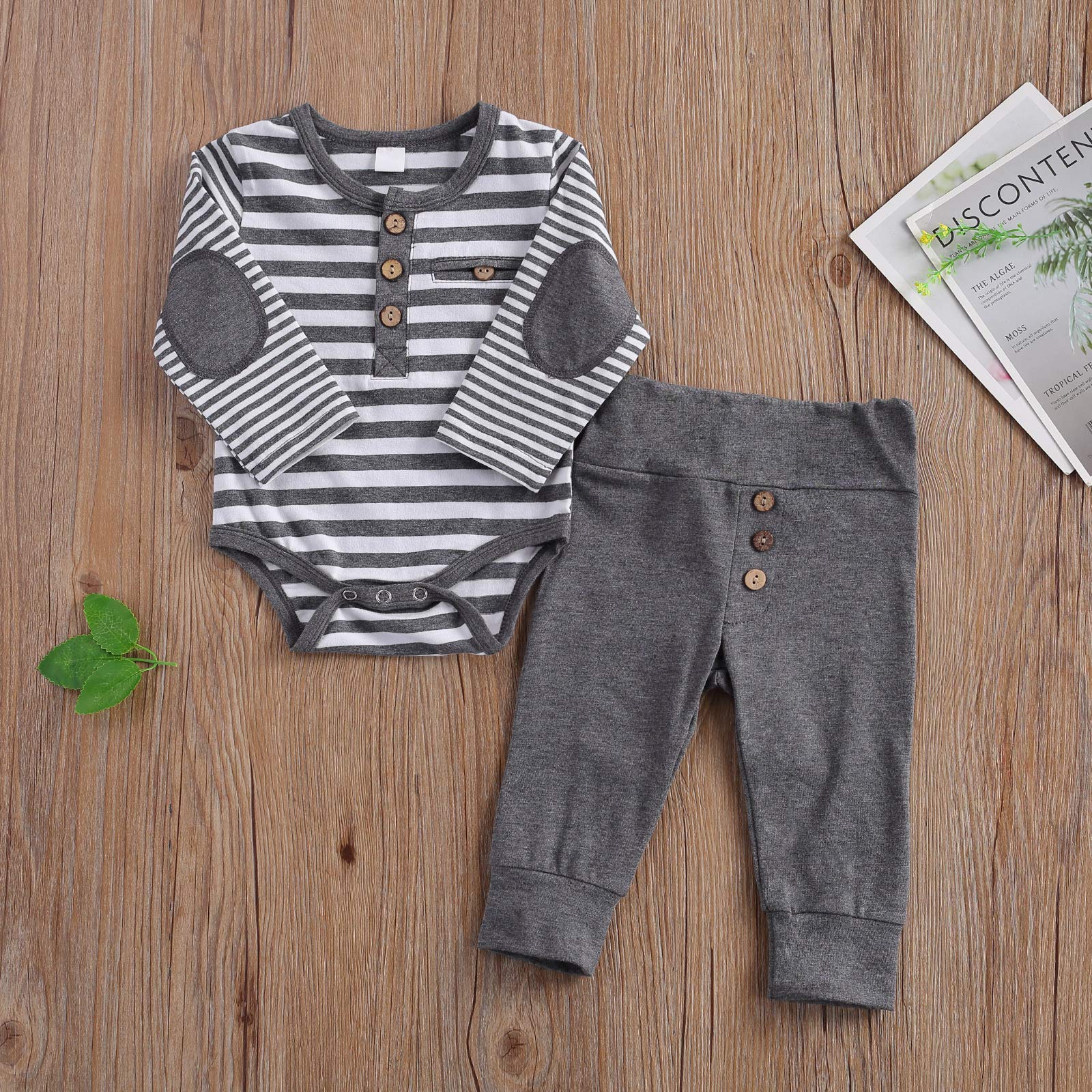 Newborn Baby Boy Clothes Outfit Long Sleeve Striped Bodysuit Romper + Pants 2Pcs Fall Winter Set (1#Gray , 3-6 Months )