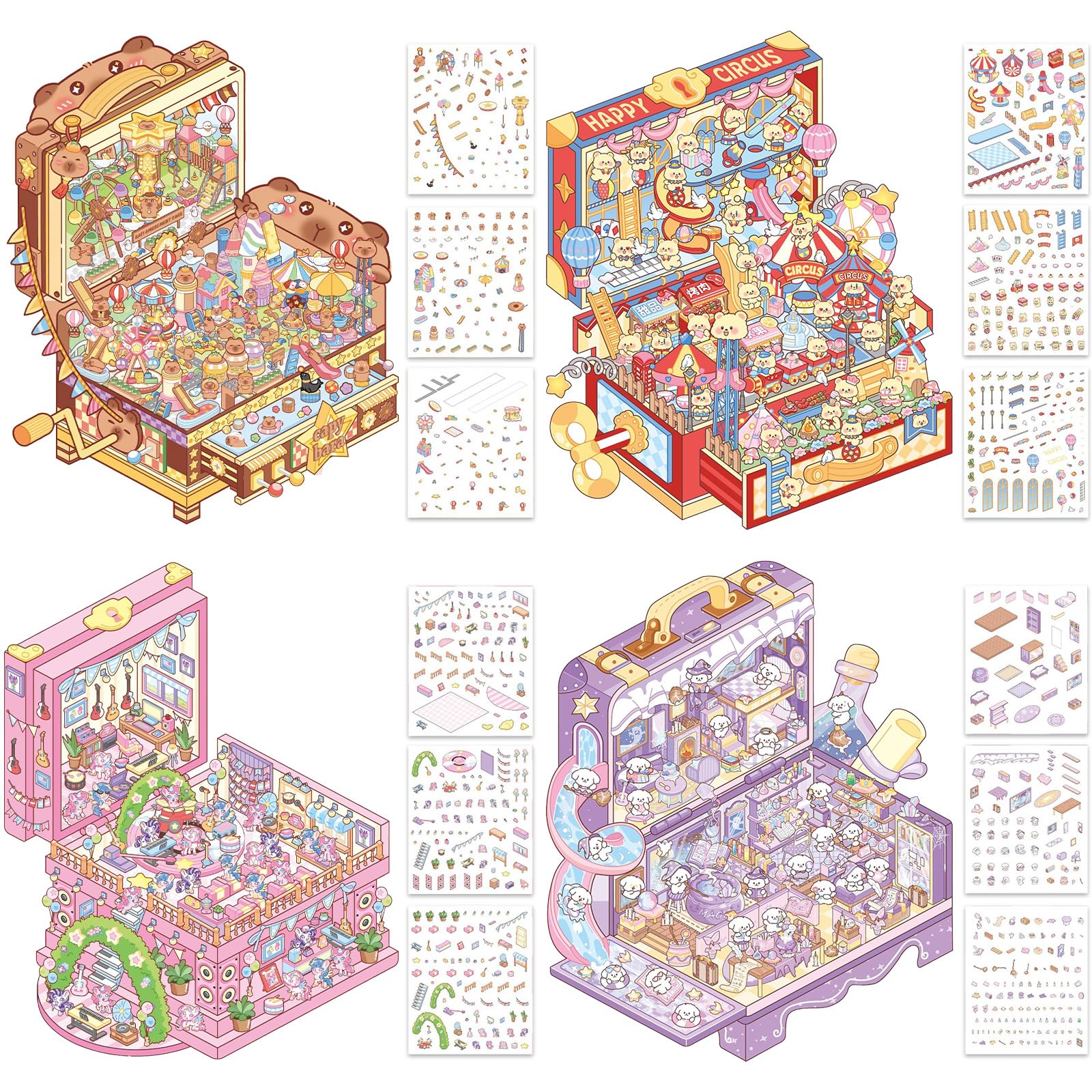4 Sets 3D Sticker Scene Book, Sticker Collection Book