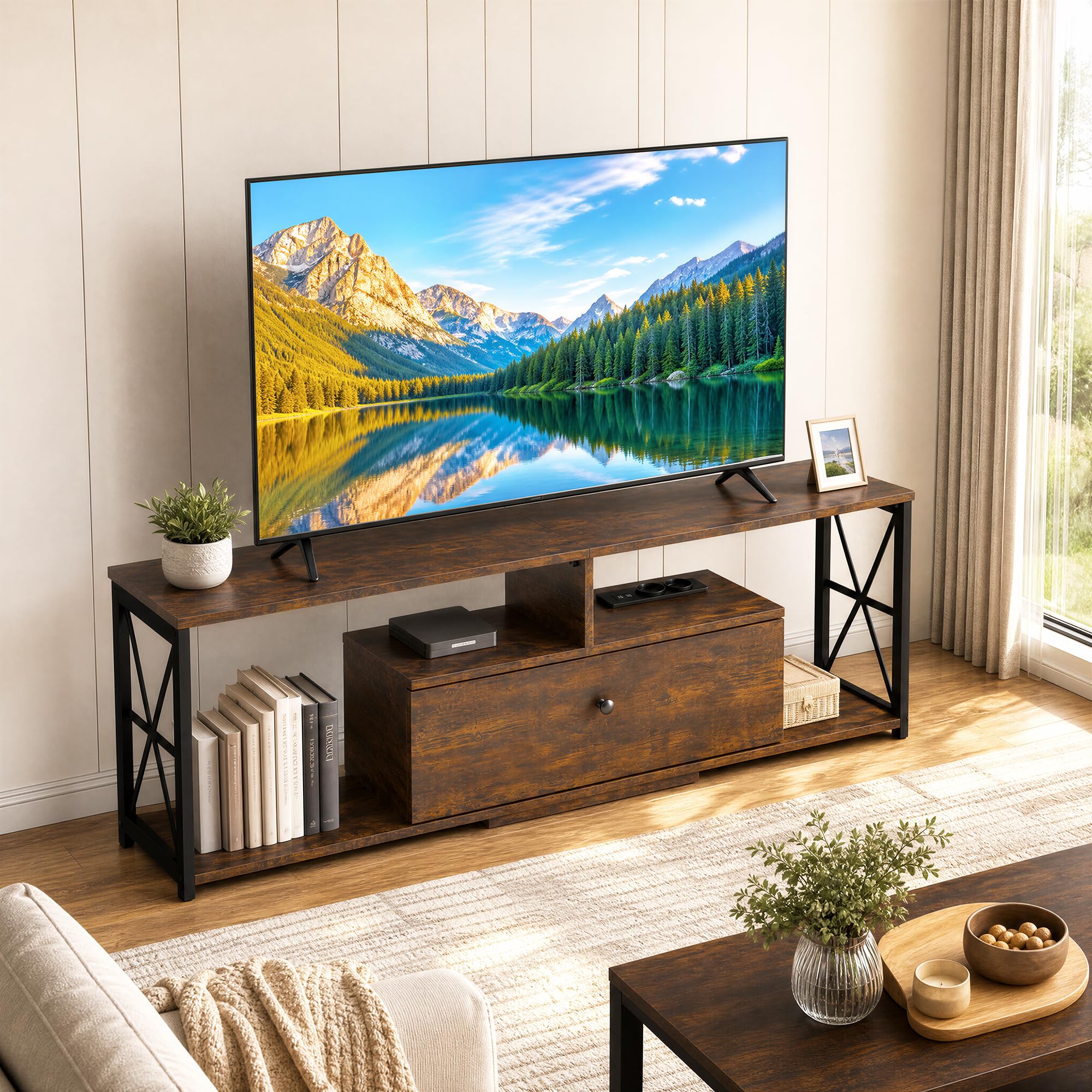 Manora Brown Wooden TV Stand 55 Inch TV Unit Rustic Open Storage Shelves