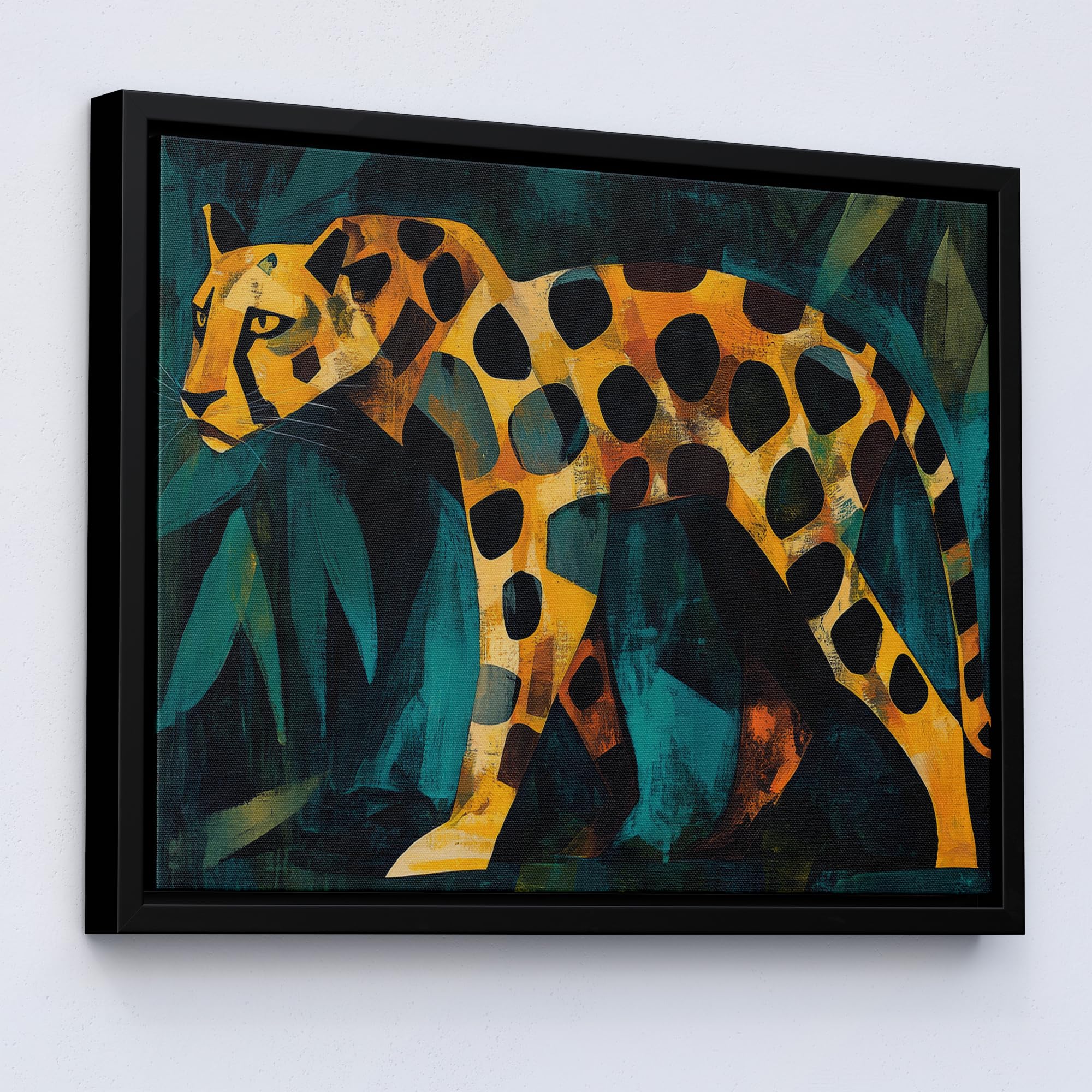 Lithobee - Stylised Jaguar Geometric Art â€“ Modern Wildlife Canvas Painting Black Framed Canvas 16x12inch(40x30cm) - Style No: 401