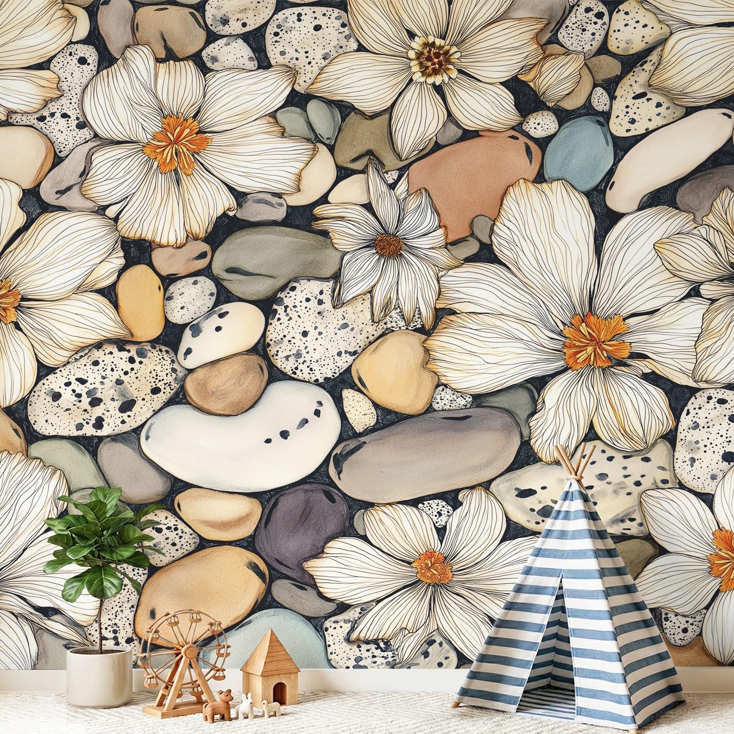 Panoramiczna niestandardowa tapeta 3D mural japoński, elegancki, wyciszony wzór, kwiatowy, kamień, dekoracja botaniczna plakat obraz projekt murale sztuka ścienna do sypialni pokoju nastolatka