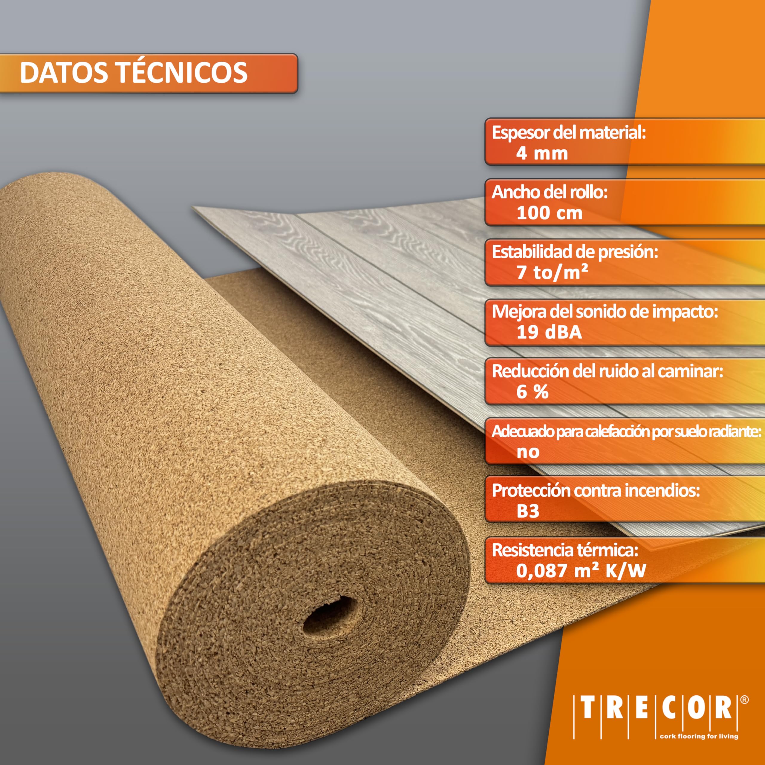 Base de corcho TRECOR aislante del ruido de impacto - 4 mm de espesor - Para suelos laminados y de parquet - Compra (20 m²)