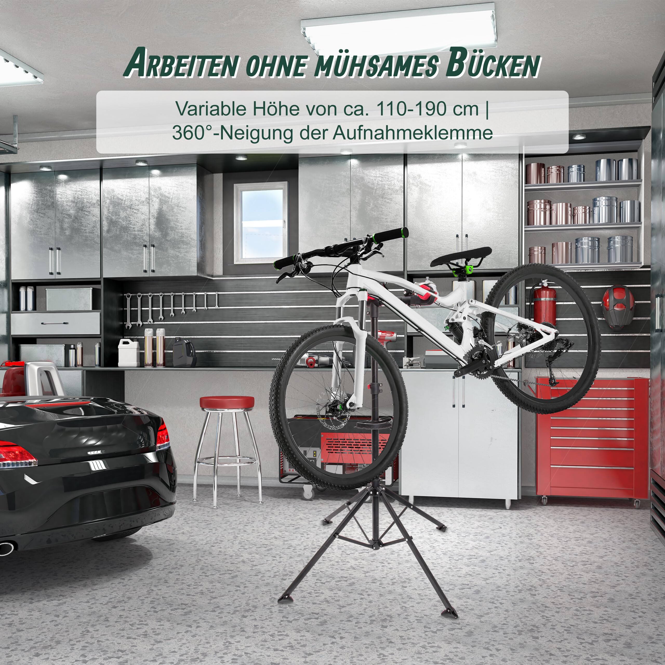 Relaxdays Fahrradmontageständer Reparaturständer mit Werkzeugablage – klappbar & höhenverstellbar – schwarzer Montageständer vierbeinig stabil mit festem Stand – Stahl pulverbeschichtet, 10017183, STANDARD