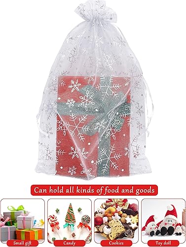Miniatura 6 de Paquete de 50 bolsas de organza de Navidad de 8 x 12 pulgadas, diseño de copo de nieve, bolsa de regalo grande de Navidad con cordón para embalaje,
