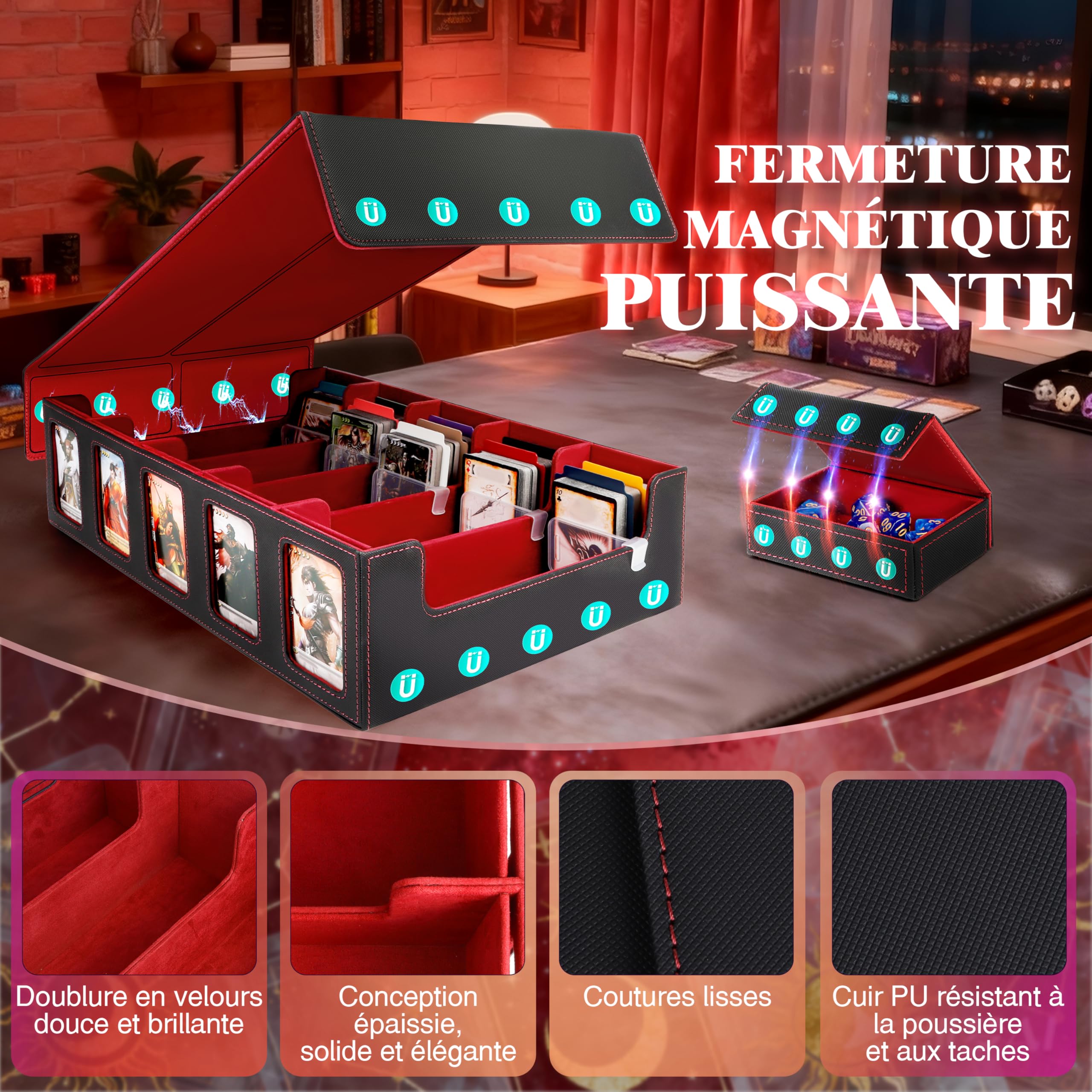 Charmofun Boîte Rangement Carte, Boîte à Cartes pour Plus de 3000+ Cartes Avec 10 Séparateurs, 5 Blocage et Plateau à Dés, Boîte à Rabat Magnétique avec Cuir Pu et Poignée