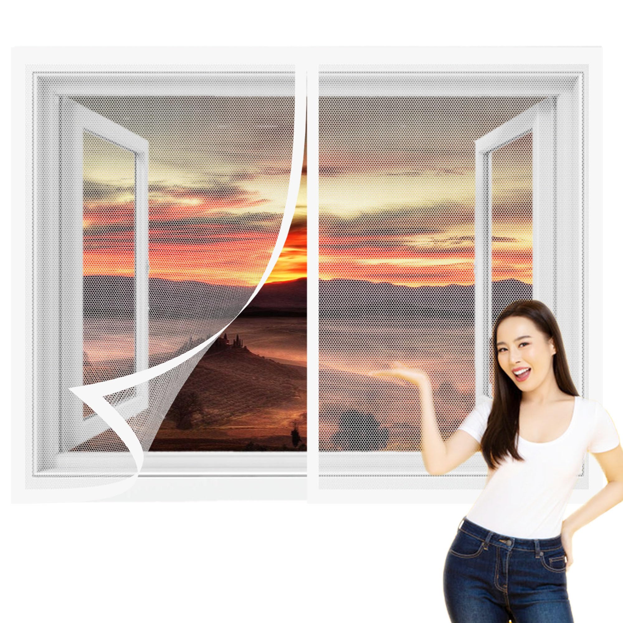 DIY Adjustable Magnetic Fly Screen 105 x 135 cm with Selfadhesive Fly Bug Bee Protection Screen Easy Installation for Living Room Bedroom Offfice, White
