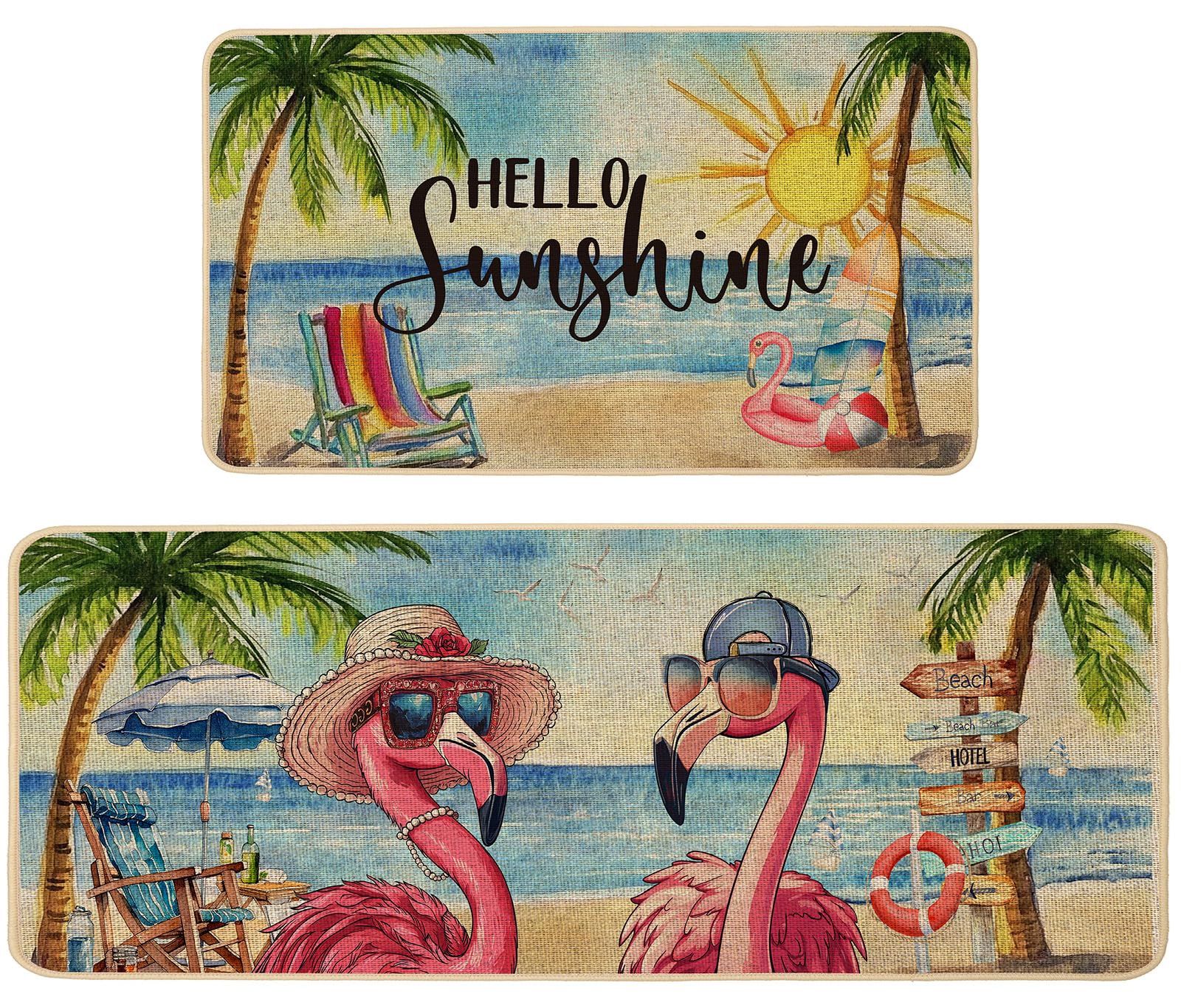 Baccessor Flamingo Summer Kitchen Rugs Set of 2, Flamingo Beach Coastal Hello Sunshine Kitchen Mats for Floor Low-Profile Spring Summer Seasonal Home