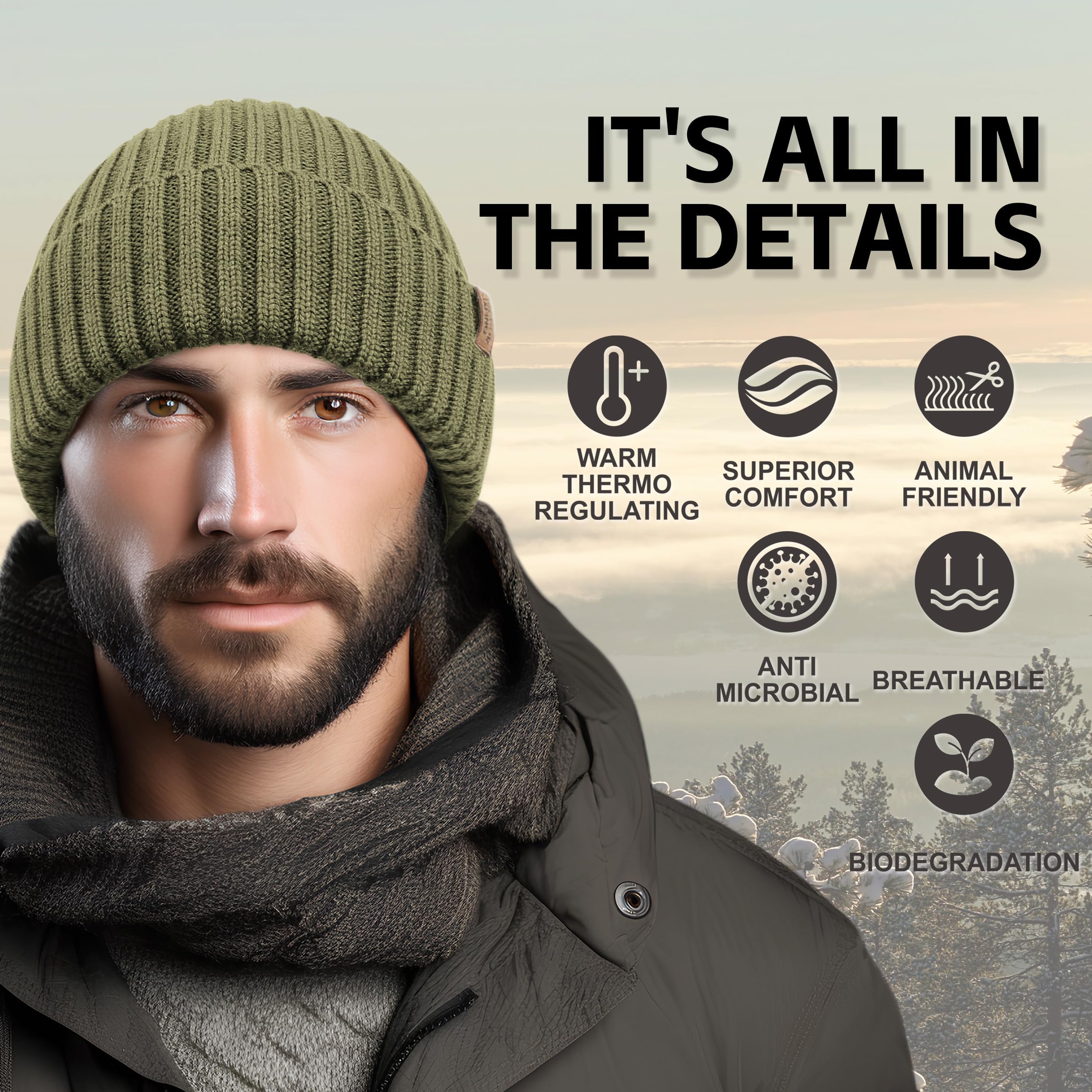 OUTDOOR SHAPING Gorro de lana merino para hombre y mujer, unisex, gorro de punto liso con puños, suave y cálido gorro de invierno