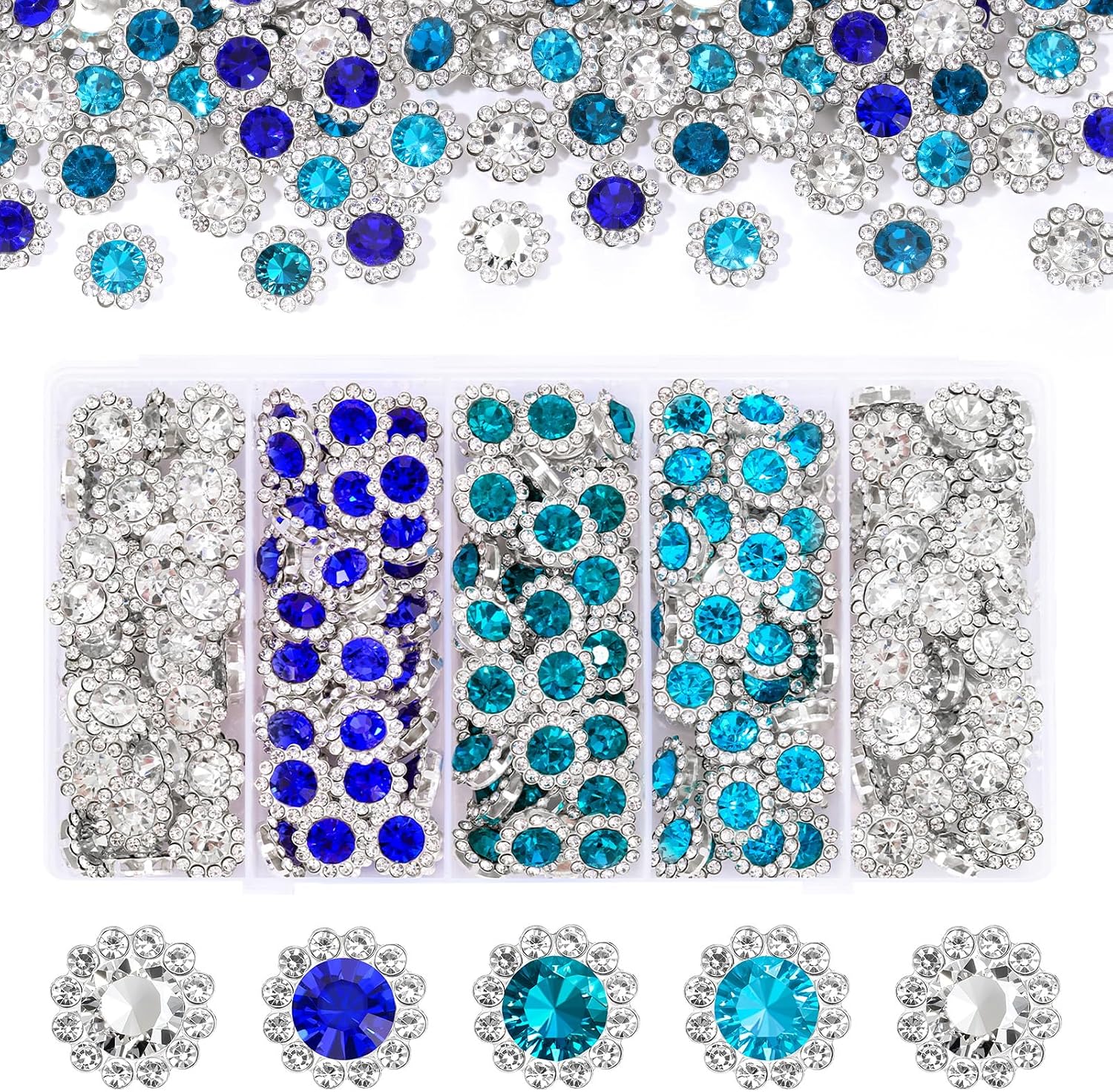 200 Pcs 12MM Sew on Rhinestones White Crystal Glass Metal Base Flower Shape，Flatback Rhinestones for Crafting，Sewing Accessories for Clothes and Shoes with Glue