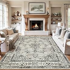 Area Rugs 9x12 Living Room: Washable Rug Vintage Large Soft Boho Floral Non-Slip Carpet Indoor Floor Stain Resistant Thin Carpets for Bedroom Dining Room Farmhouse Nursery Home Office - Brown Grey