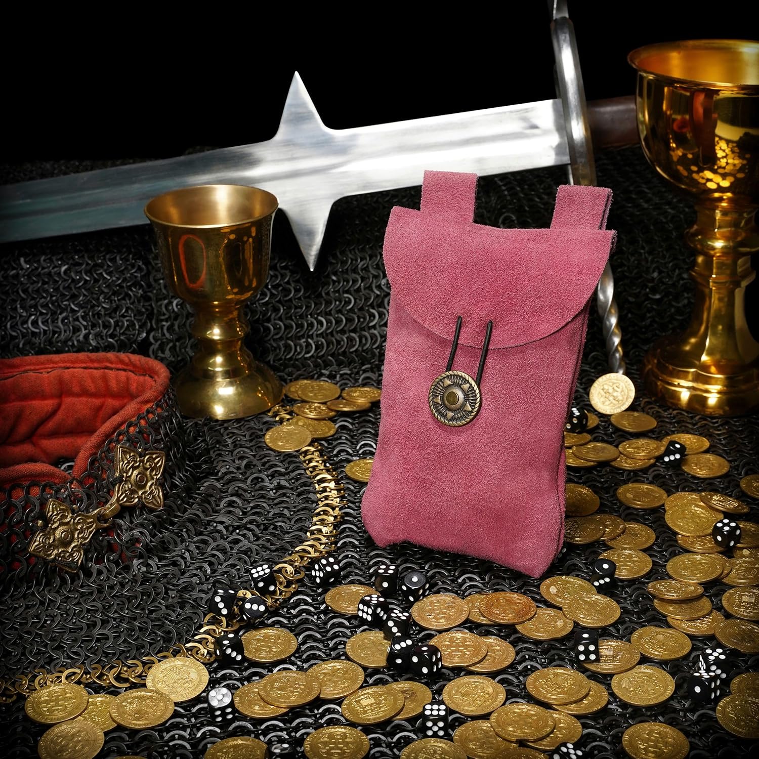 Medieval Leather Pouch Renaissance Suede Jewelry Belt Pouch LARP Costume Waist Bag Gift Accessory for Men and Women, Pink, 7.2" x 4.7" - Image 4