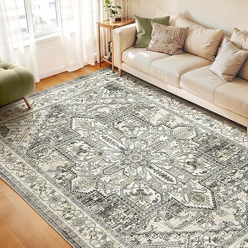 WITSHOCK Living Room Area Rugs 8x10: Washable Rug Boho Soft Non-Slip Low Pile Stain Resistant Foldable Carpet for Bedroom Playroom Dining Room Office Kitchen Farmhouse Home Decor Rug-Brown/Lvory