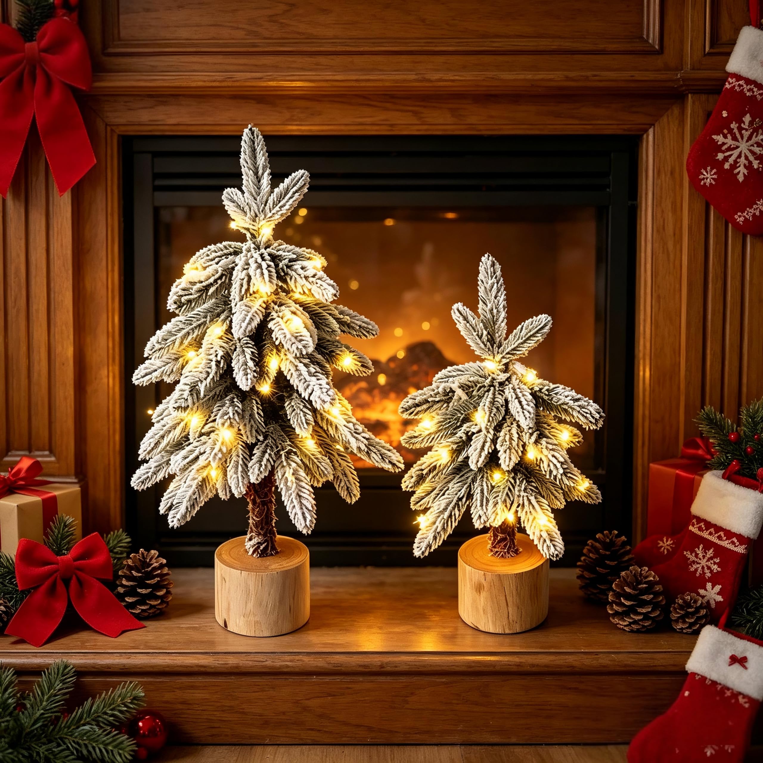 HipTree Lot de 2 mini sapins de Noël floqués, 40,6 cm et 61 cm pré-éclairés avec 8 modes de lumières LED et base en bois, fonctionne à piles pour décoration de vacances d'hiver