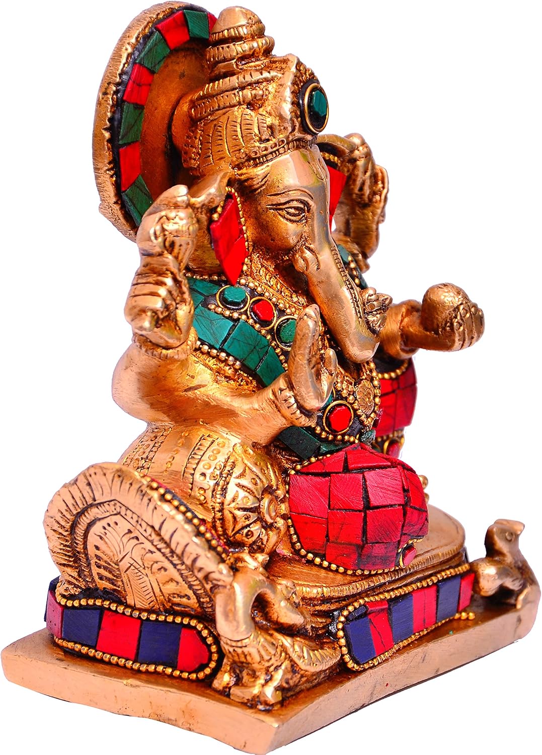Purpledip Hindu Religious God Statue of Lord Ganesha (Ganapathi or Vinayaka) in Solid Brass Metal with Turquoise Gem-Stone Work for Table Top, Home Temple or Office/Shop Counter (10647)