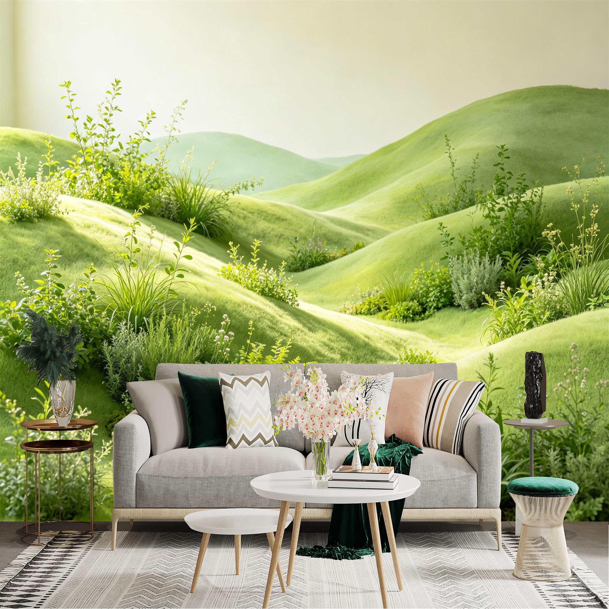 Lnzczhyre Dbh260521045 Custom Size Wall Sticker Mural， Green Rolling Hills Landscape， Lush Meadow Scenery， Peaceful Nature View， Fresh Spring Plants， For Wall Decoration， Peelandstick Wall Decals.