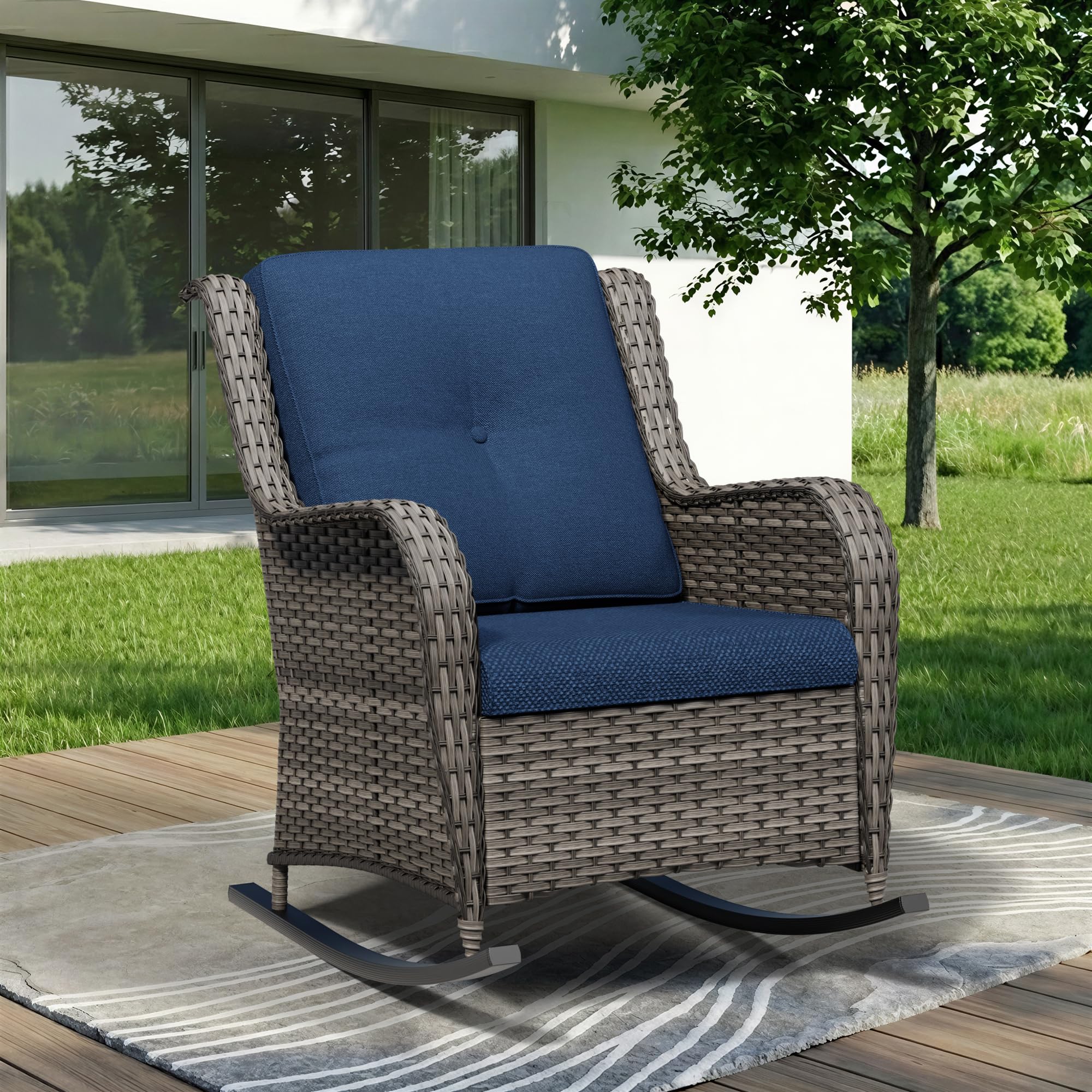 Outdoor Rocking Chair, Wicker Patio Chair with Thickened Olefin Cushions, High Back and Deep Seating, Hand-Woven PE Rattan for Porch, Deck, Balcony, Blue