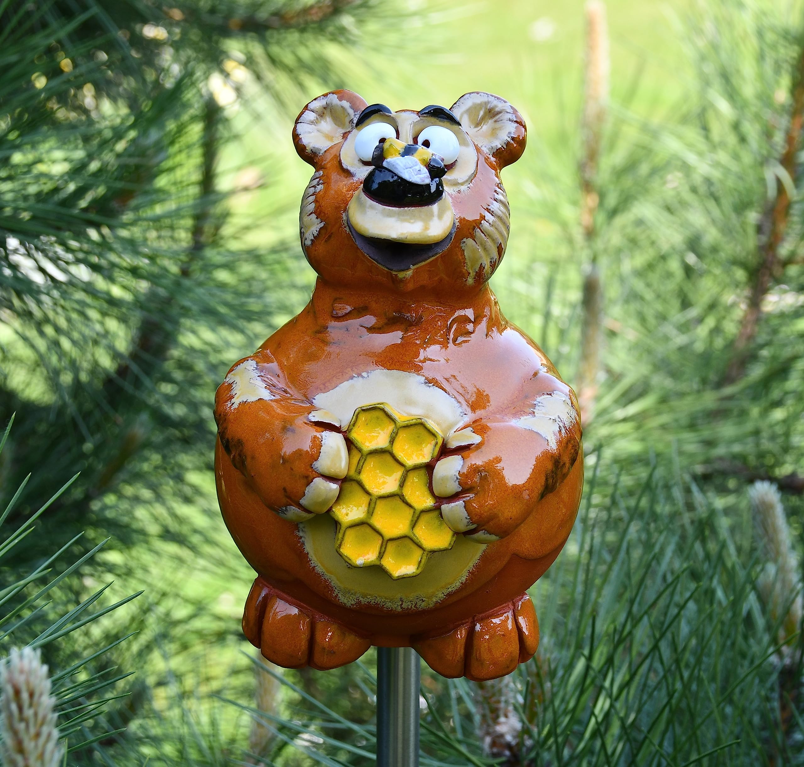 Gartenstecker Keramik Handgefertigt - Gartendeko für Draußen Wetterfest - Garten Deko Keramik - Gartenfiguren & Gartenstatuen - Teddybär mit Honigtopf
