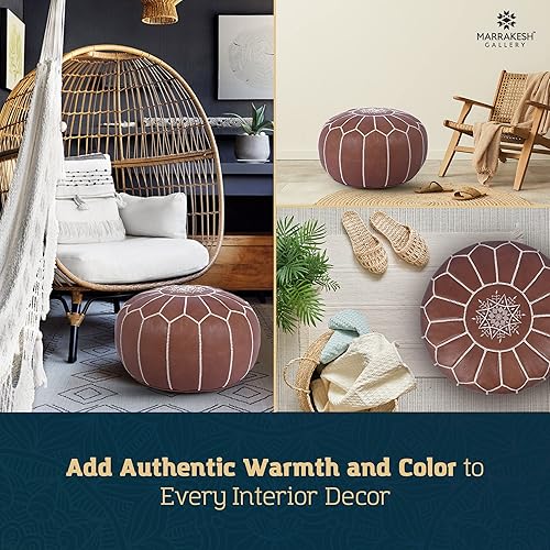 Miniatura 121 de Marrakesh Gallery - Funda de puf marroquí, otomana redonda y grande de piel, decoración bohemia para sala de estar, reposapies, sin relleno Marrón
