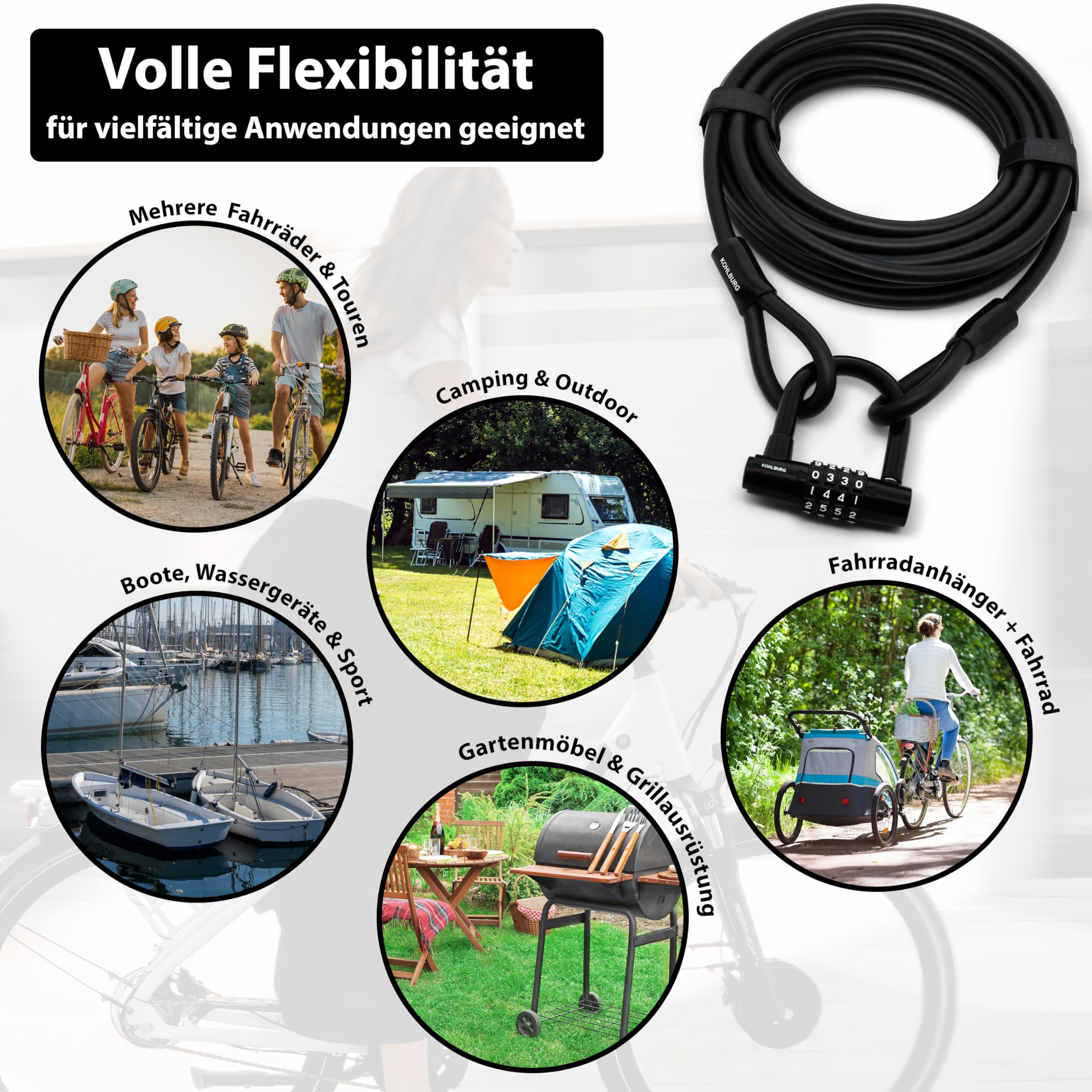 KOHLBURG 10 Meter Kabelschloss Zahlenschloss - 1000cm Stahlseil ummantelt mit Klettverschlüssen & Zahlen Schloss - für mehrere Fahrräder Boot Terasse Gartenmöbel - Stahlkabel Fahrradschloss 10m lang