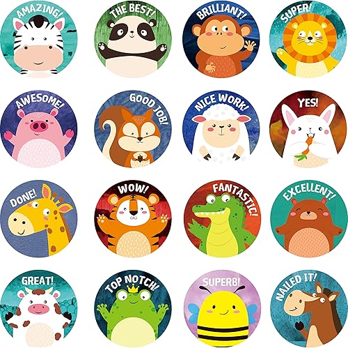 Miniatura 3 de 600 calcomanías redondas de animales, adorables calcomanías de incentivo en 16 diseños, decoración de fiestas, calcomanías motivacionales de