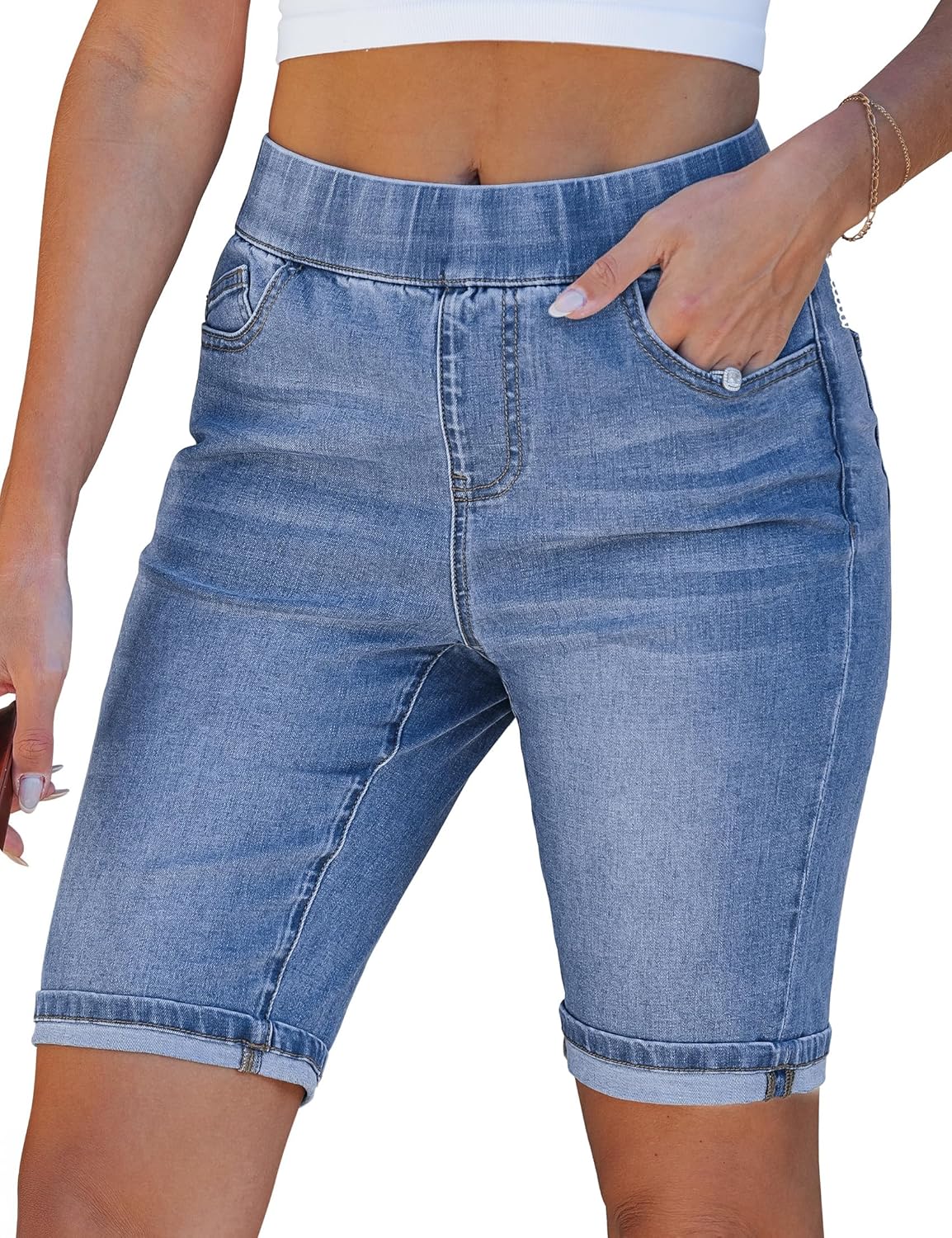 luvamia Bermuda Shorts for Women Jean Pull On Elastic Waist High Waisted Knee Length Fold Hem Stretchy Denim Long Shorts