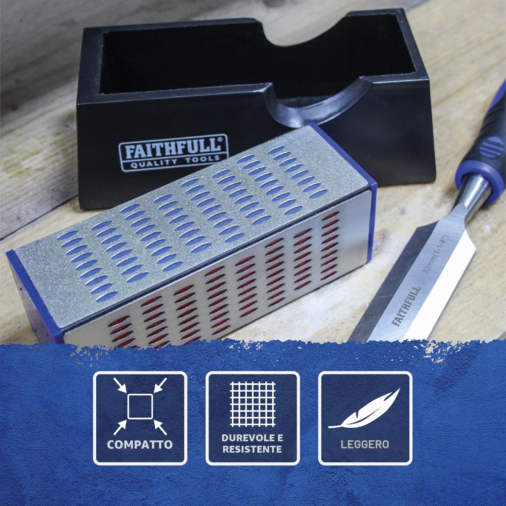 Pietra per affilatura diamantata Faithfull a 4 lati - Affilatrice per coltelli e utensili a grana quadrupla con base antiscivolo, grana 200G / 300G / 400G / 600G per scalpelli, pialle, forbici e lame