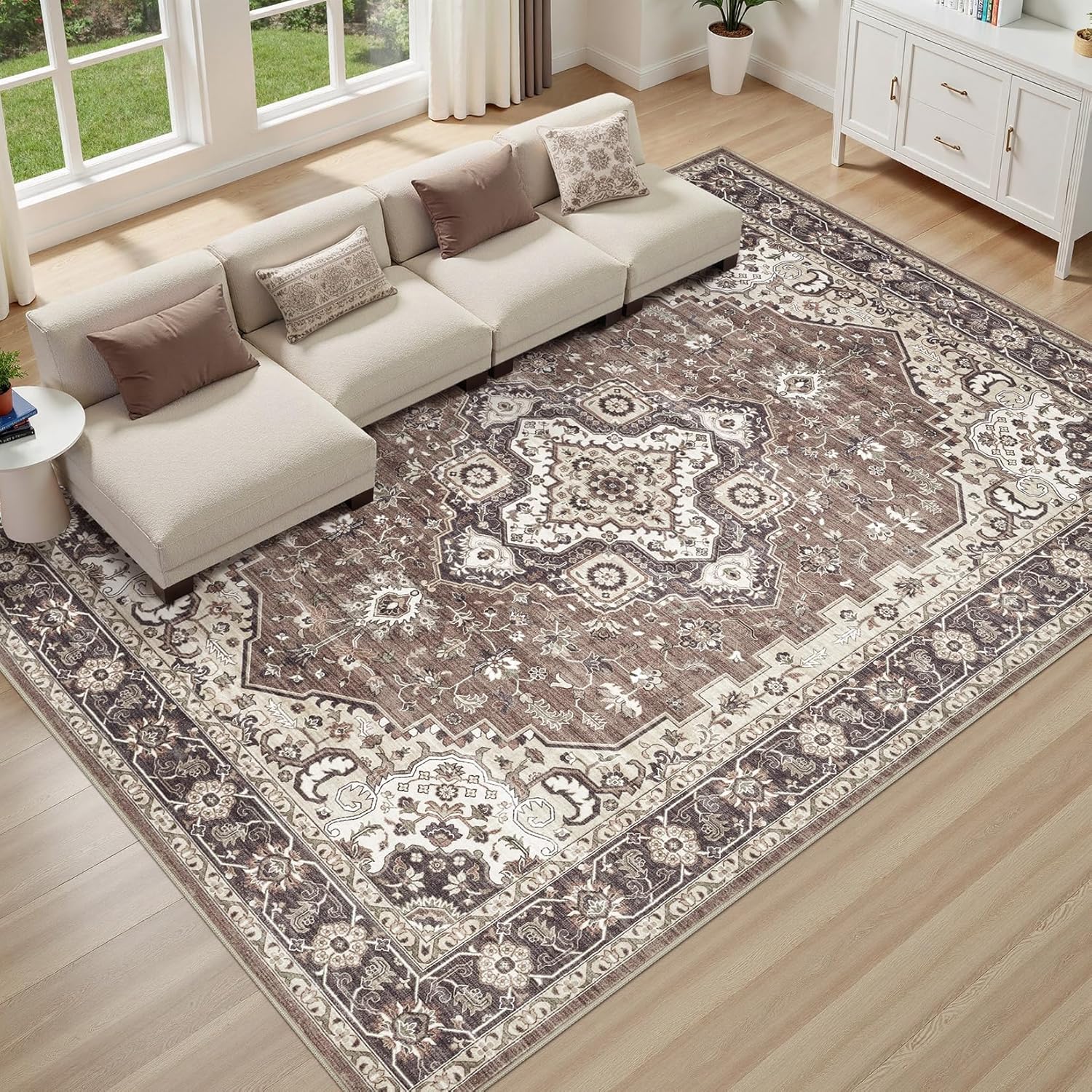 (Similar to stock photo)Washable Area Rug 8x10: Vintage Non-Slip Stain Resistant for Living Room, Soft Large Carpet for Bedroom Dining Room Home Office(Brown and Cream) 8' x 10' (Rectangular) Brown / Taupe