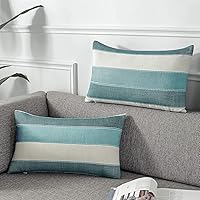 Vista 36 de AmHoo - Juego de 2 fundas de almohada decorativas para casa de campo, a rayas y a cuadros, juego de fundas de almohada de algodón y lino para sofá