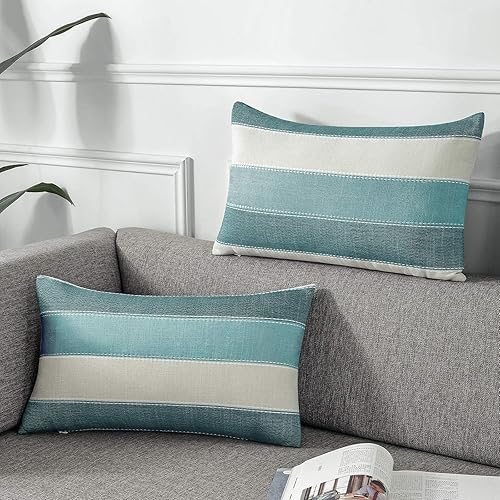 AmHoo Juego de 2 fundas de almohada de lino y algodón, funda de almohada decorativa para sofá o banco, rayas, estilo granja, 12 x 20 pulgadas, verde
