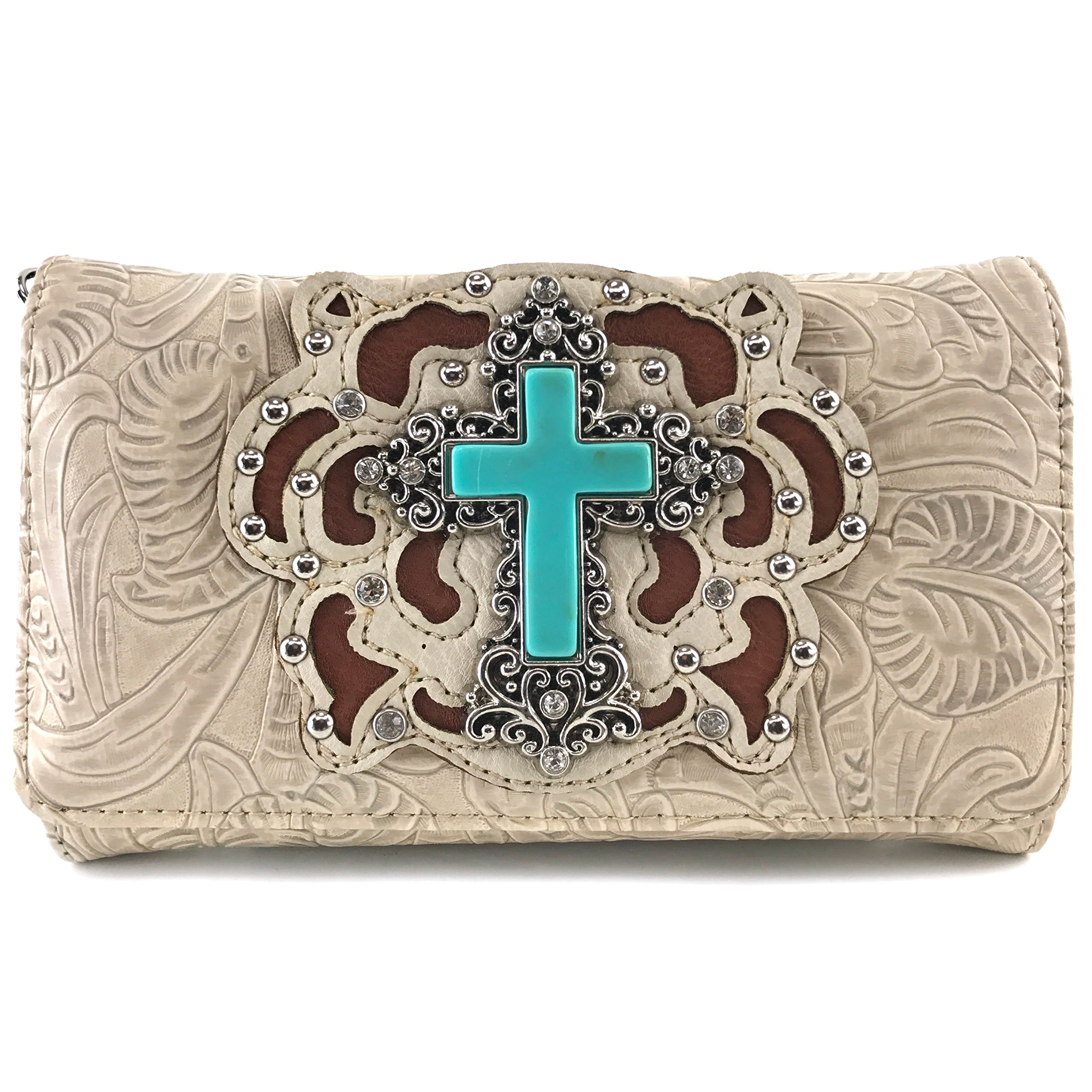 Justin West Tooled Turquoise Stone Cross Rhinestone Laser Cut Shoulder Chain Concealed Carry Handbag Purse Wallet Messenger (Beige Wallet Only)