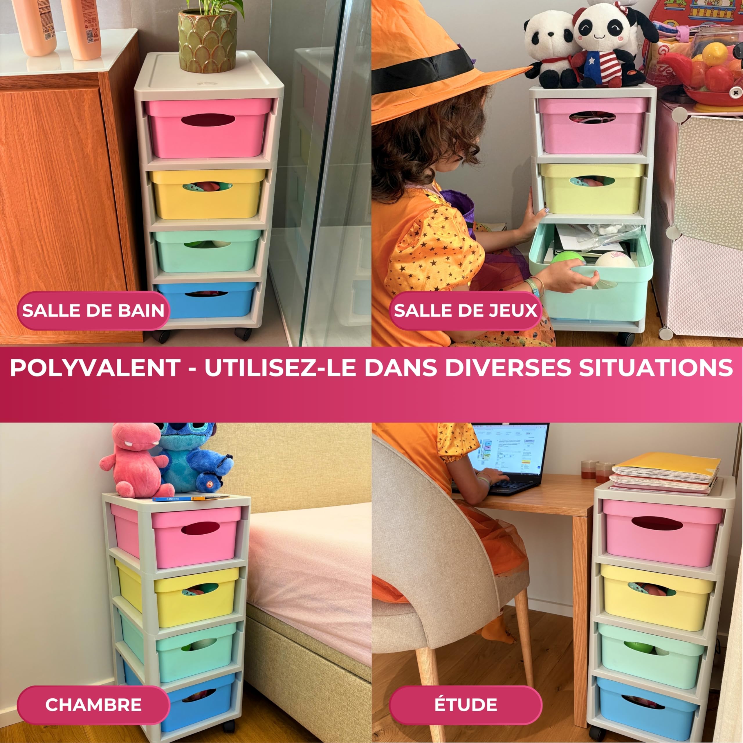 Meuble rangement enfant tour en plastique meuble ecole bac à roulettes boite tiroir empilable jouet bureau chariot a tiroirs colorés - Fabriqué en Europe