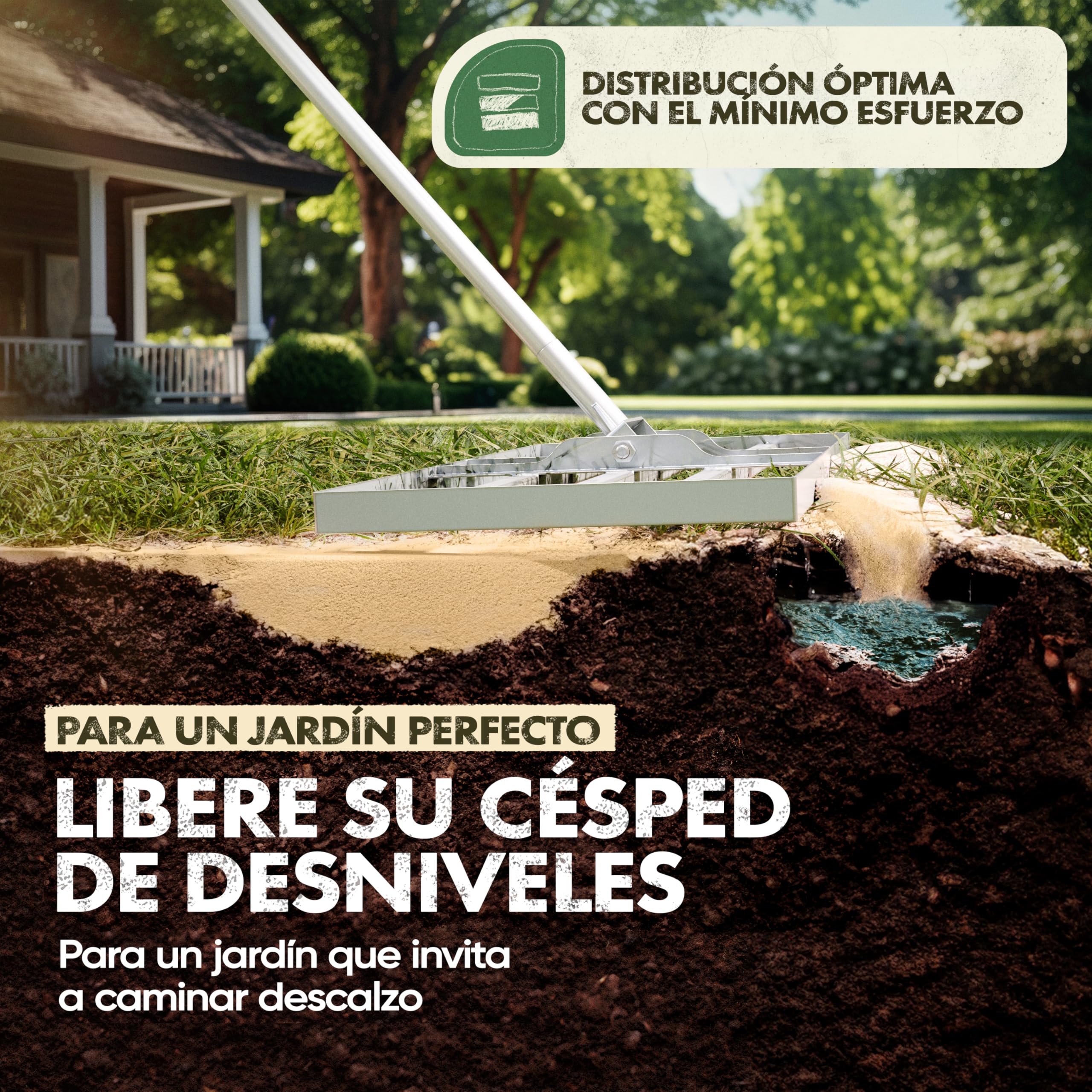 GARLINGO Rastrillo de césped | 75 x 35 cm | Incl. Mango METÁLICO de 1,7m | Rastrillo de césped para lijar el césped, nivelar la Arena del césped, aireador Nivelador de césped con rastrillo
