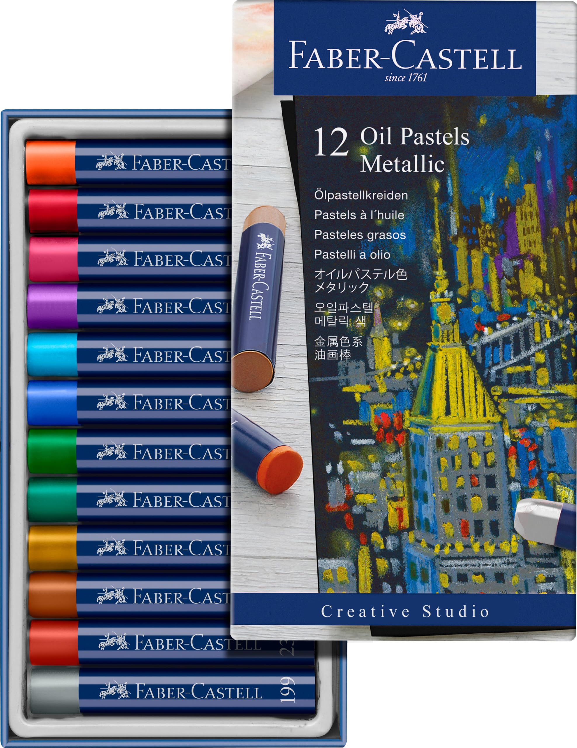 Faber-Castell Creative Studio Oil Pastels, Multicoloured, Cardboard Box of 12 Metallic, for Art, Craft, Drawing, Sketching, Home, School, University, Colouring