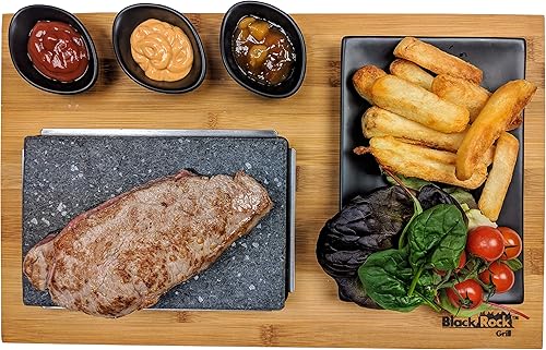 Black Rock Grill Steak Stone, parrilla de piedra caliente, roca caliente chisporroteante, parrilla de interior, piedra de cocción con moldes negros