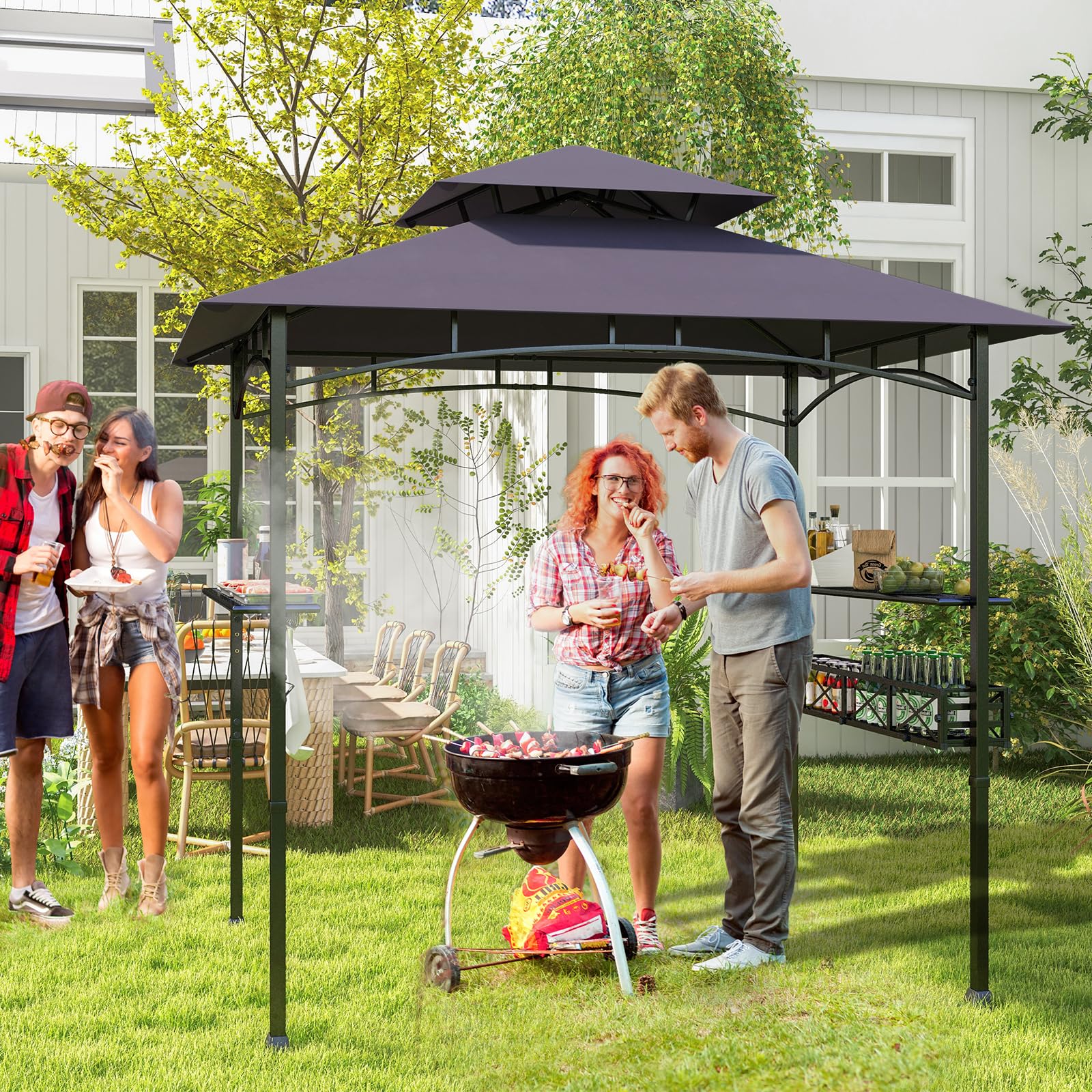 HOMASIS Gazebo per Barbecue con Tettoia Laterale, Pergolato da Giardino con Doppio Tetto, 2 Tavoli e Ganci, Pergola Addossata per Esterno, Gazebo per griglia/BBQ (Grigio Scuro, 242 x 153 x 250 cm)