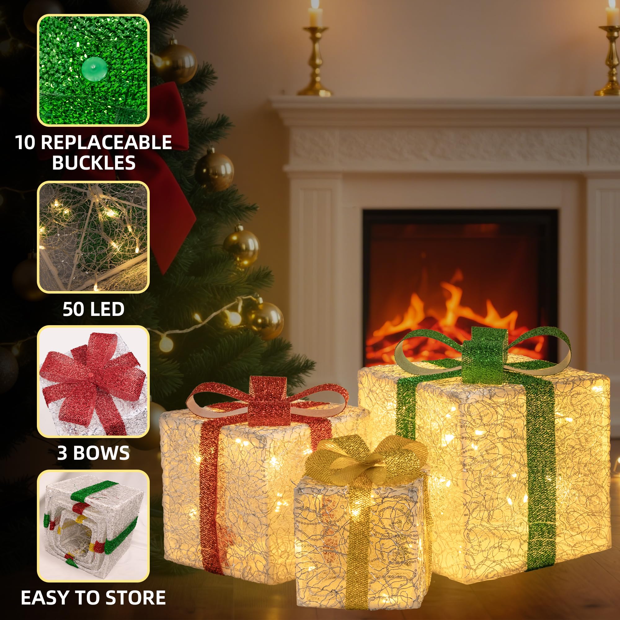 Arespark Set 3 Luci Scatole Regalo Natalizie Con 50 LED, 8 Modalità, Telecomando, Timer, Impermeabili IP44, Decorazioni Albero/Finestra - 5
