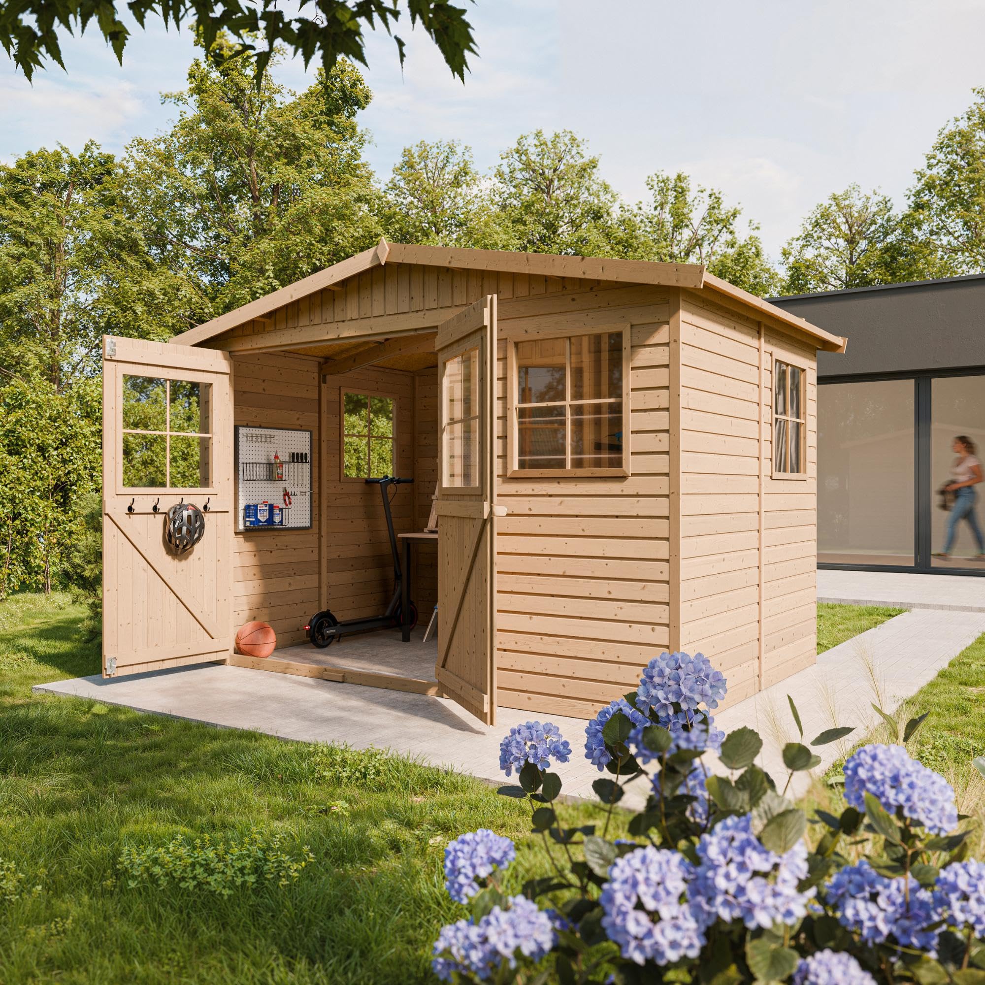 Abri de Jardin en Bois Naturel - Stockage extérieur avec fenêtres- H226x324x216 cm/6 m² Hangar en Bois Naturel - Atelier Rangement Outils et vélos- Timbela M334