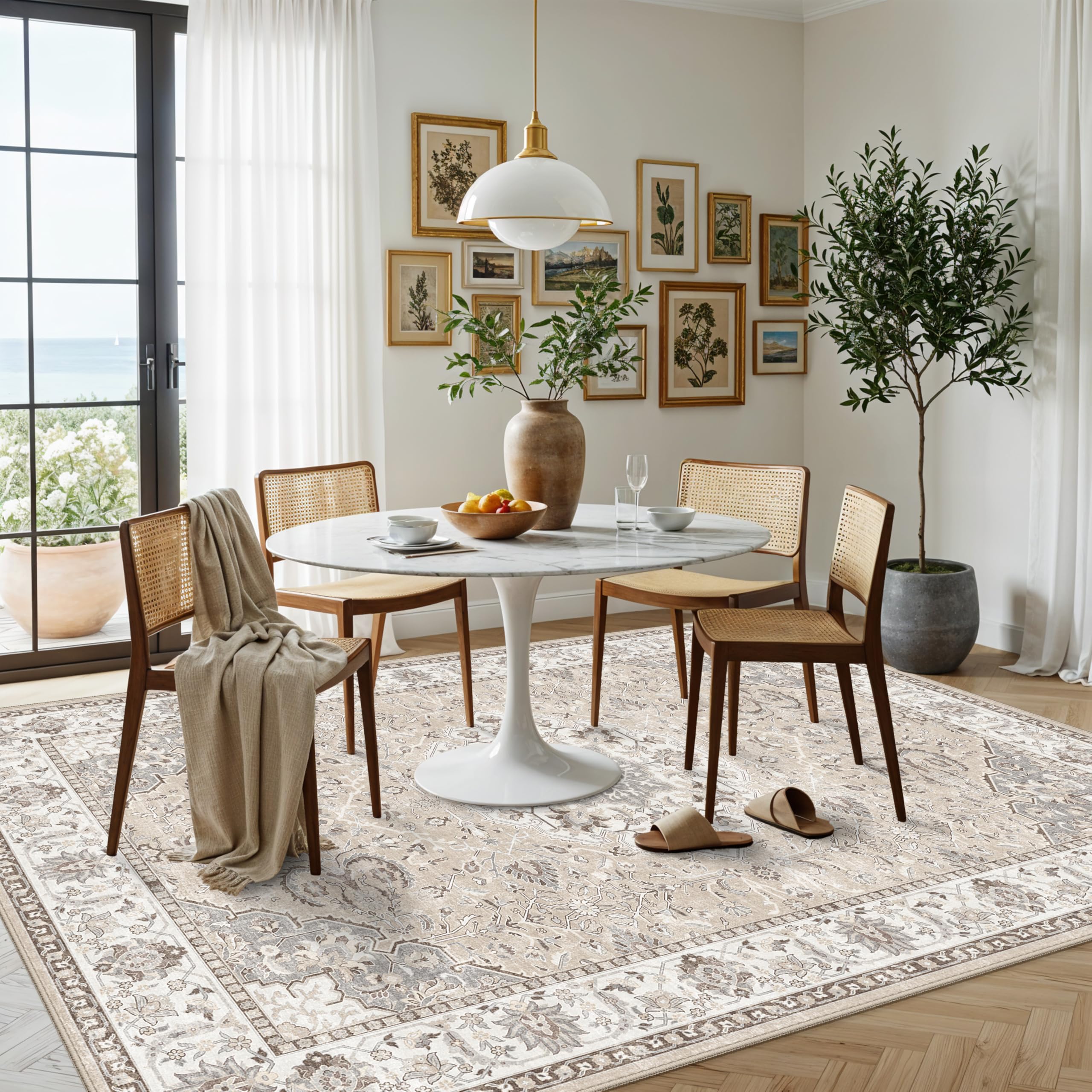 Condition photo showing New/Like New for 7x10 area rug for living room: washable neutral vintage large rugs for bedroom, office, dining room, kids room, farmhouse durable low pile non slip carpet for high traffic areas(7x10 beige)