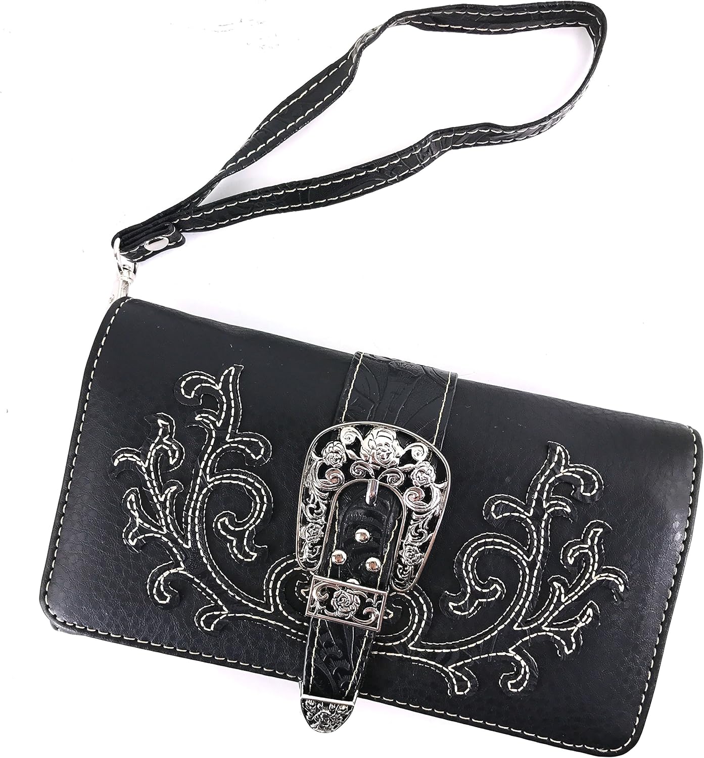 Justin West Tooled Floral Embroidery Buckle Studded Concealed Carry Tote Purse (Black Purse Wallet Set) - Image 9