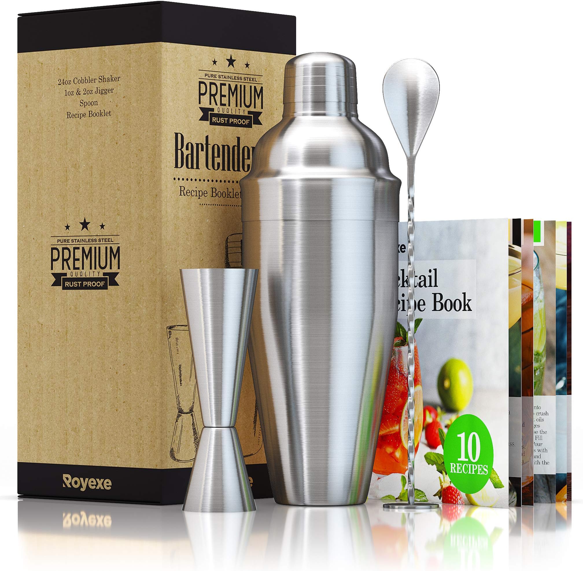 Essential Cocktail Shaker Set | 4 Piece Bartender Mixer Kit | Great for Martini, Margarita, Mojito or Any Other Alcohol or Liquor Drink | Impressive Bar Set – Stainless Steel