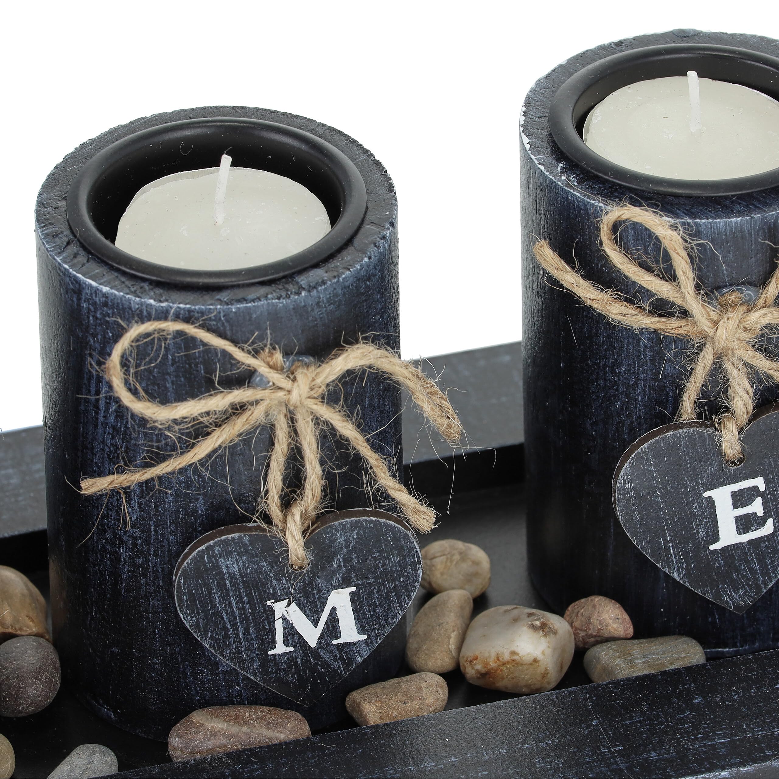 Relaxdays Portacandele, con Vassoio e Vasetti, Centrotavola, L: 39,5 cm, 4 Candeline, Pietre Deco, Scritta Home, Nero