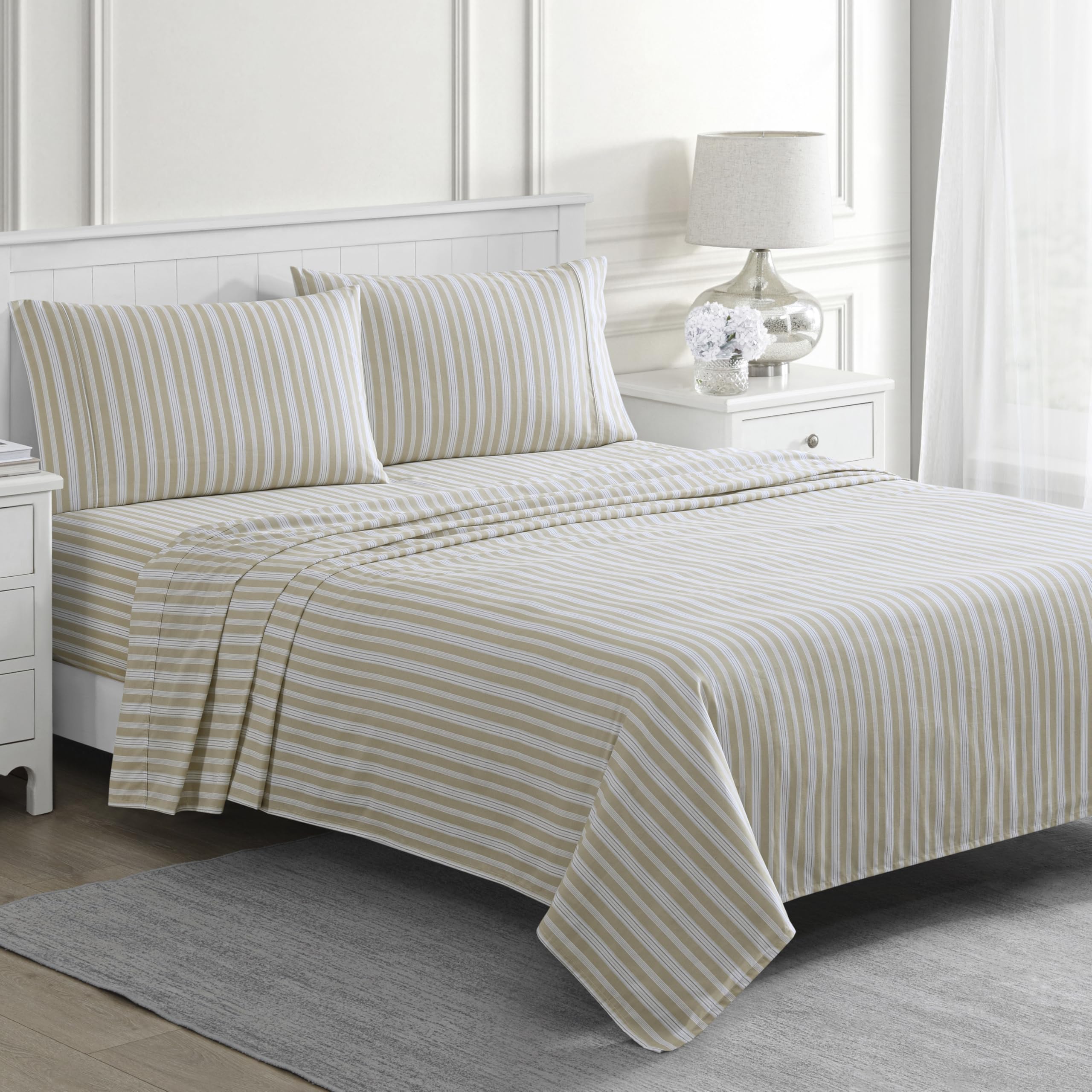 MARTHA STEWARTElm Stripe 300TC 100% Cotton Percale Sheet Set, Khaki/White, 4 Piece - 1 Flat Sheet, 1 Fitted Sheet, 2 King Pillowcases, Breathable Cotton Printed Bed Sheets, King Size