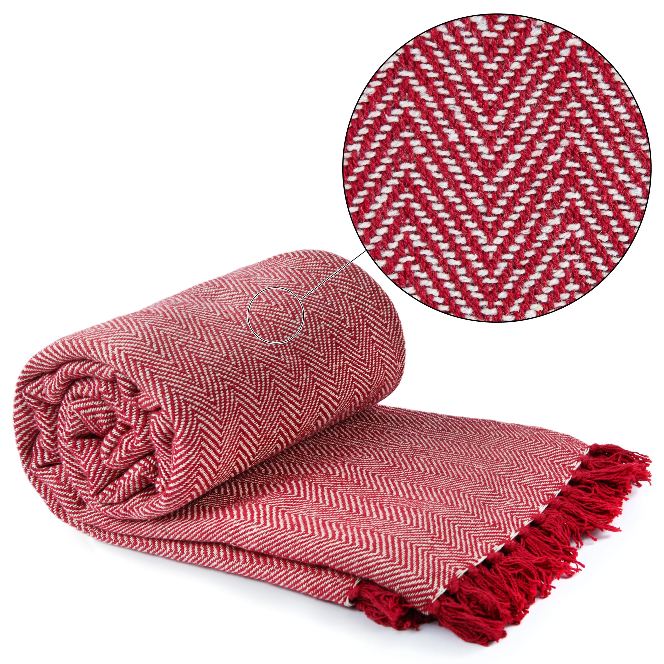 Emma Barclay Herringbone - Recycled Cotton Patterned Chair Sofa Setee Bed Throw Over Blanket in Red - 90x100 (228x254cm)