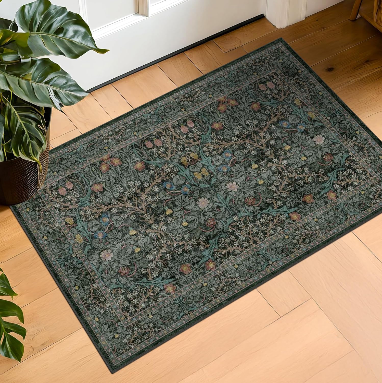 HazoHaus 2x3 Dark Green Washable Non-Slip Entry Rug - Vintage Floral Boho Mat for Kitchen Bathroom Entryway
