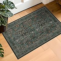HazoHaus 2x3 Dark Green Washable Non-Slip Entry Rug - Vintage Floral Boho Mat for Kitchen Bathroom Entryway