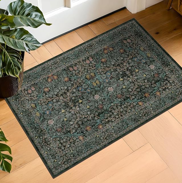 Boho Floral botanique ancien & Règles de la zone de feuilles pour salle de bains, entrée, chambre, salon, salle à manger, cuisine, laveuse douce basse pile non-dérapant (vert foncé, 2' x 3' (Rectangulaires))