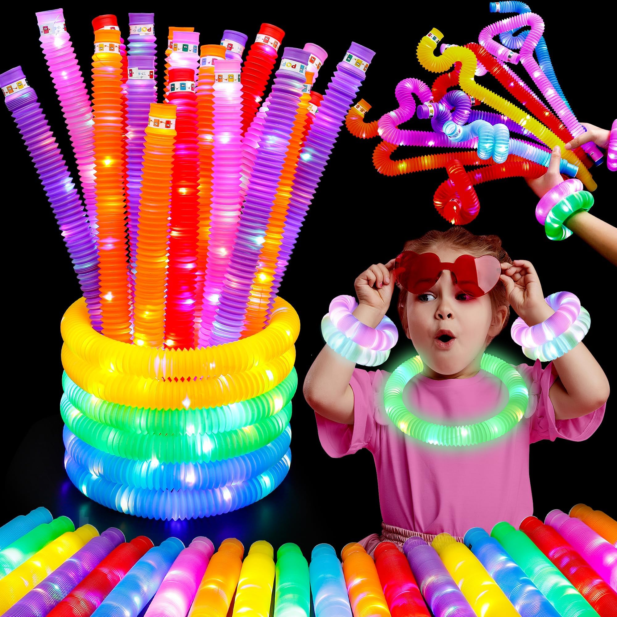 Easter Basket Stuffers for Toddlers,8 PCS-Glow Sticks Party Favors for Kids,LED Pop Tubes Glow Necklaces Bracelets, Light up Camping Toys ,Imaginative Play,Hours of Fun for Kids