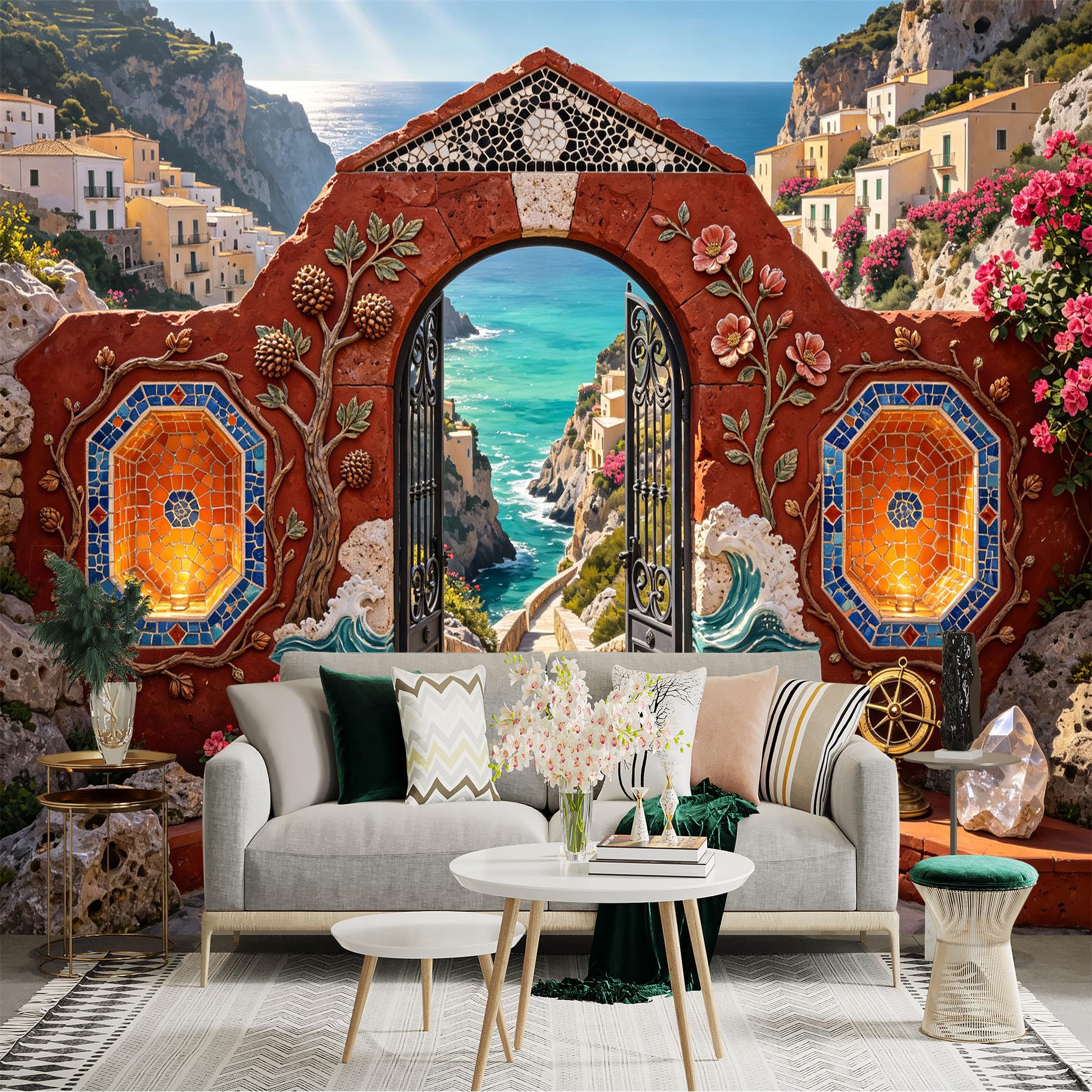 Custom Size Wall Sticker Mural， Coastal Archway Ocean View Floral Mosaic Seaside Village， for wall Decoration， peelandstick wall Decals.