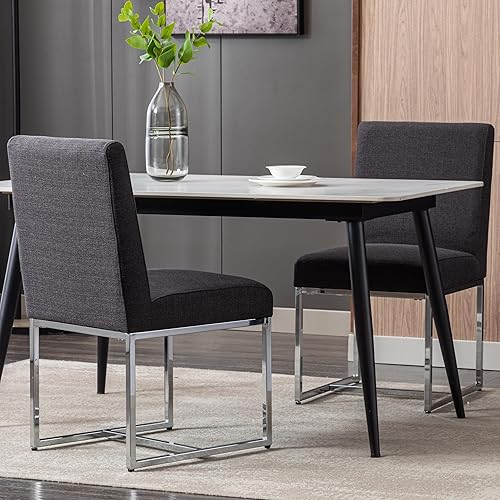 Juego de 2 sillas de comedor modernas, sillas de comedor tapizadas de lino con patas de metal cromado para comedor, tocador, cocina, sala de estar,